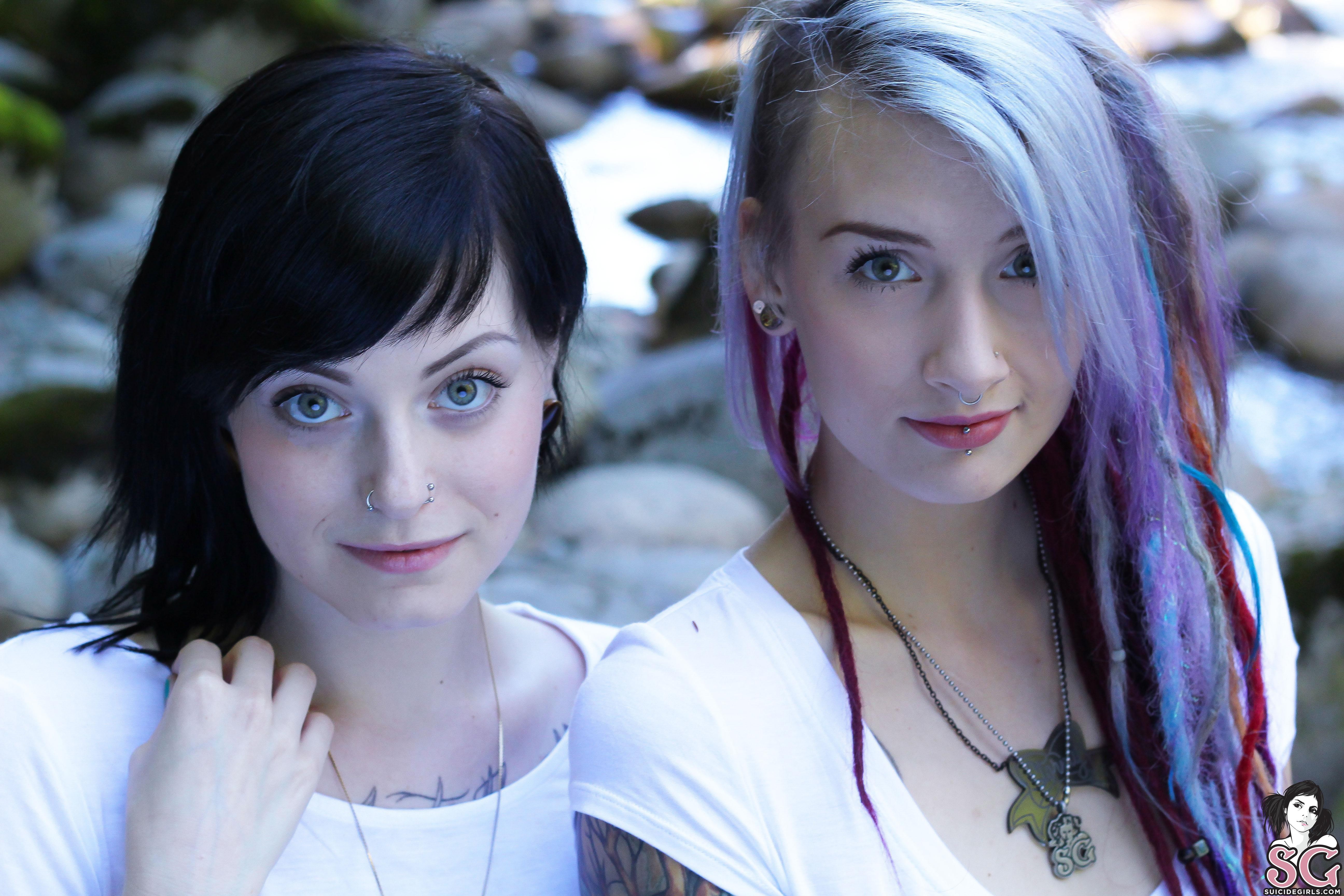 People 5184x3456 Ceres Suicide Suicide Girls piercing tattoo women looking at viewer Stormyent Suicide T-shirt white tops two women face watermarked multi-colored hair black hair women outdoors pierced lip inked girls model
