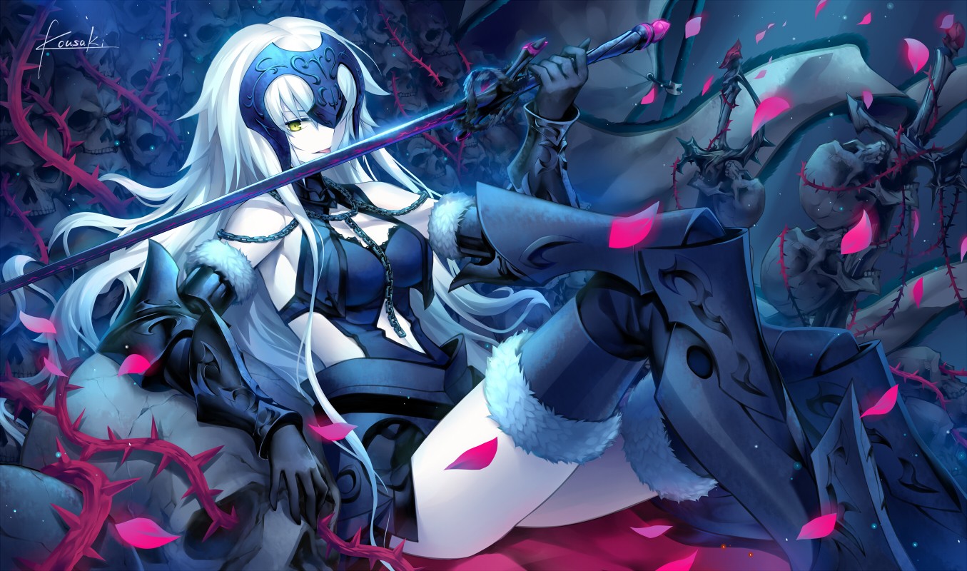 Anime 1355x800 Fate/Grand Order anime anime girls Fate series Jeanne (Alter) (Fate/Grand Order) Kousaki Rui artwork Jeanne d'Arc (Fate) thighs tongues tongue out weapon women with swords women girls with guns long hair white hair fantasy art fantasy girl thorns