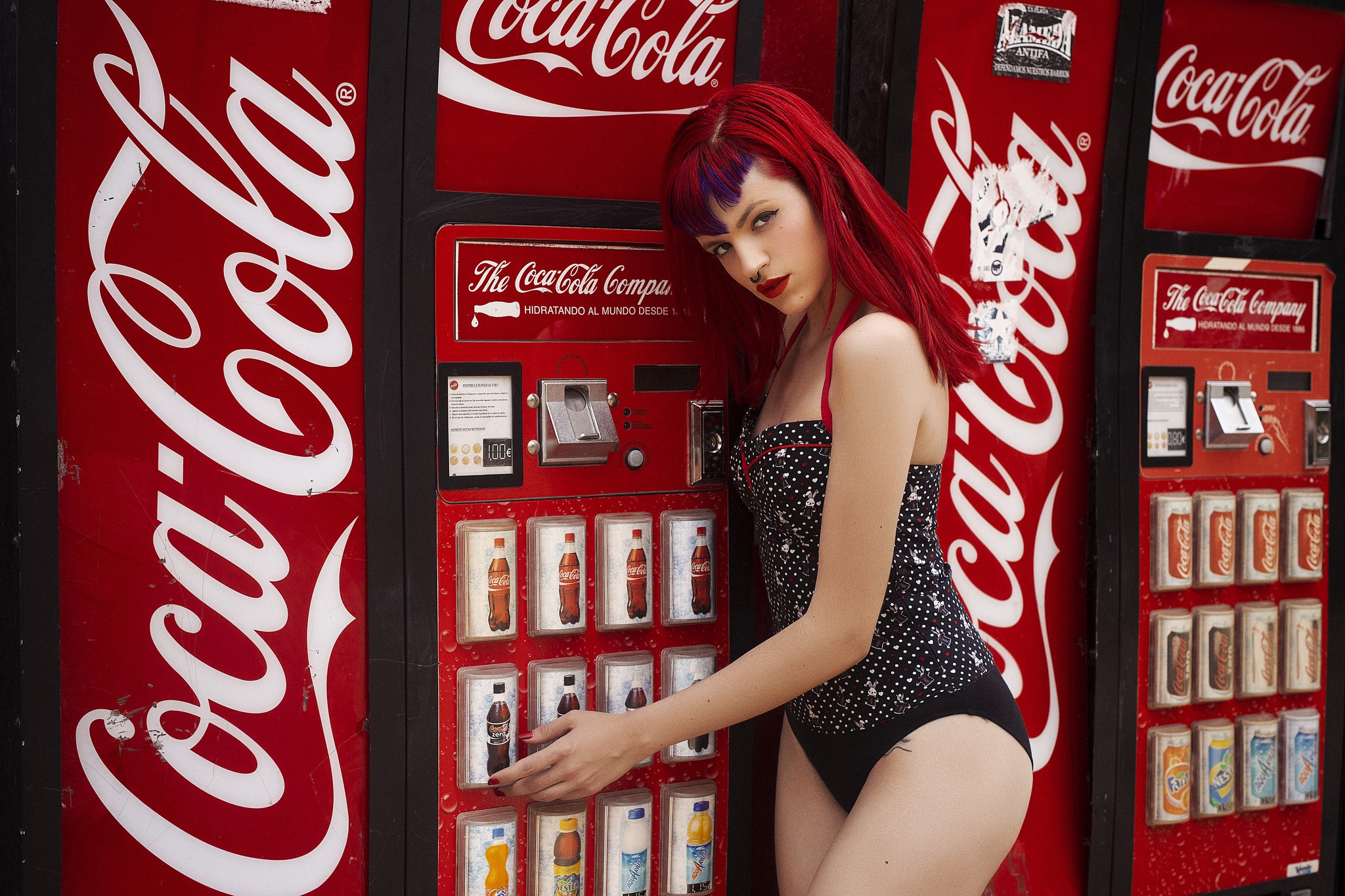People 2048x1365 black panties women model Coca-Cola red redhead logo red lipstick drink soda vending machine brand makeup nose ring dyed hair looking at viewer