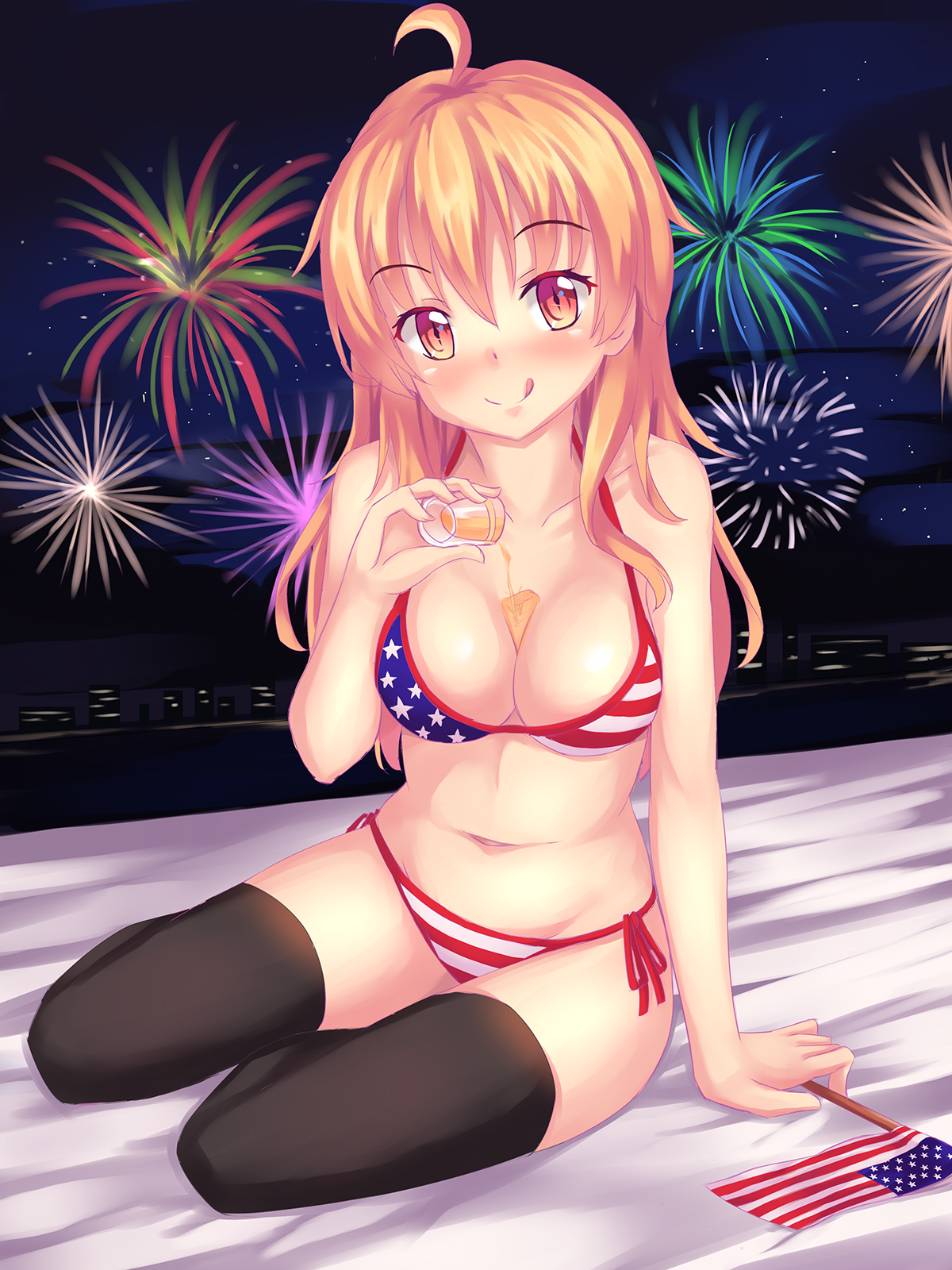 Anime 1200x1600 anime anime girls bikini fast-runner-2024 thigh-highs Tiffy cleavage Pixiv boobs belly flag swimwear stockings flag American flag honey food covered body sweets tongues tongue out looking at viewer fireworks striped bikini swimwear redhead