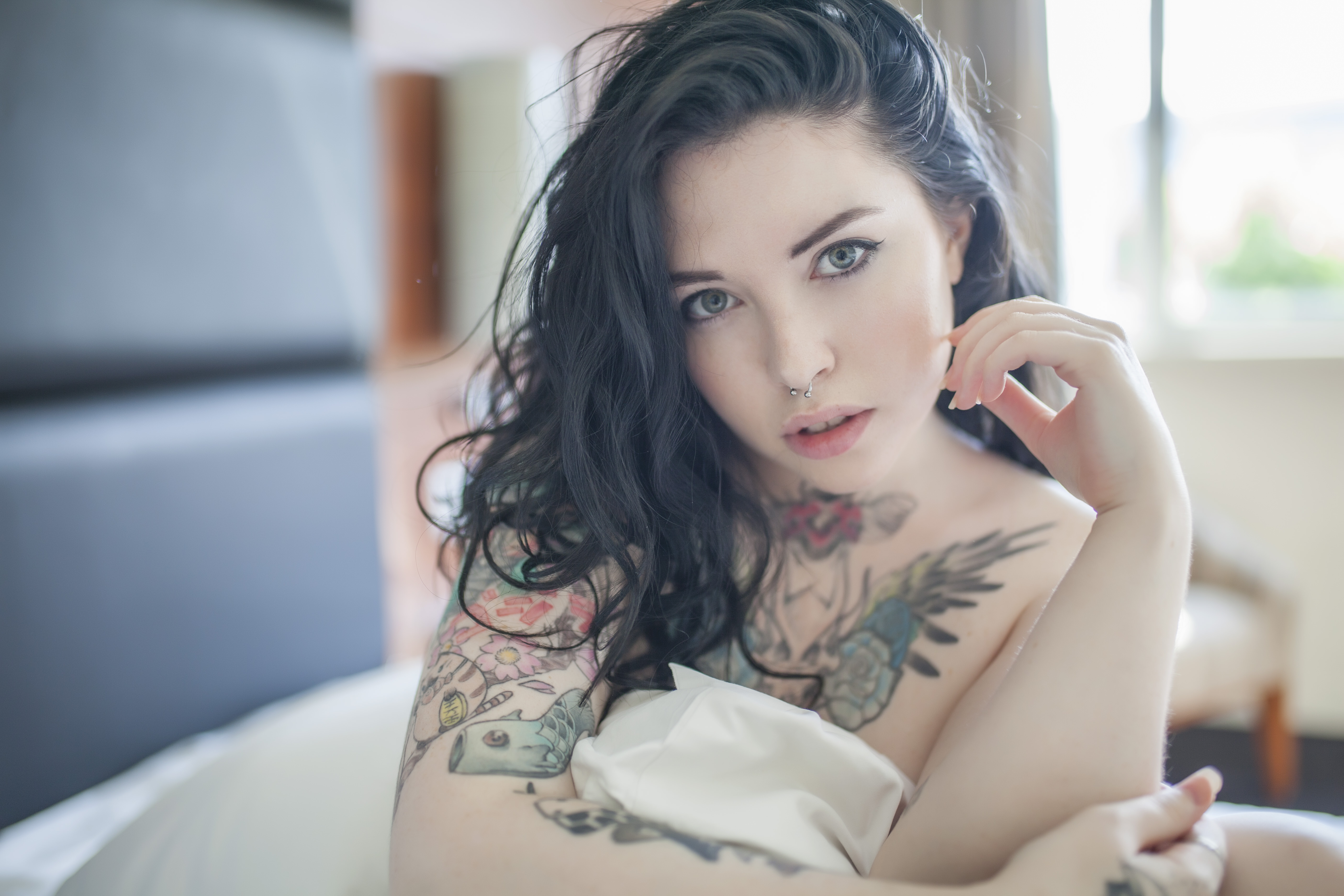 People 5616x3744 women nude pale tattoo depth of field nose ring portrait Voly Suicide lying on front closeup