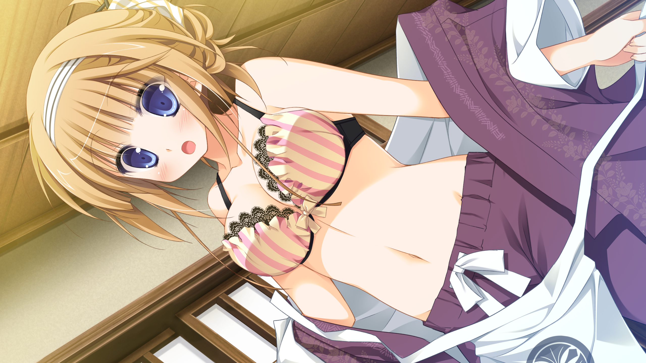 Anime 2560x1440 1/2 Summer blonde blue eyes cleavage undone clothing apron open clothes open mouth