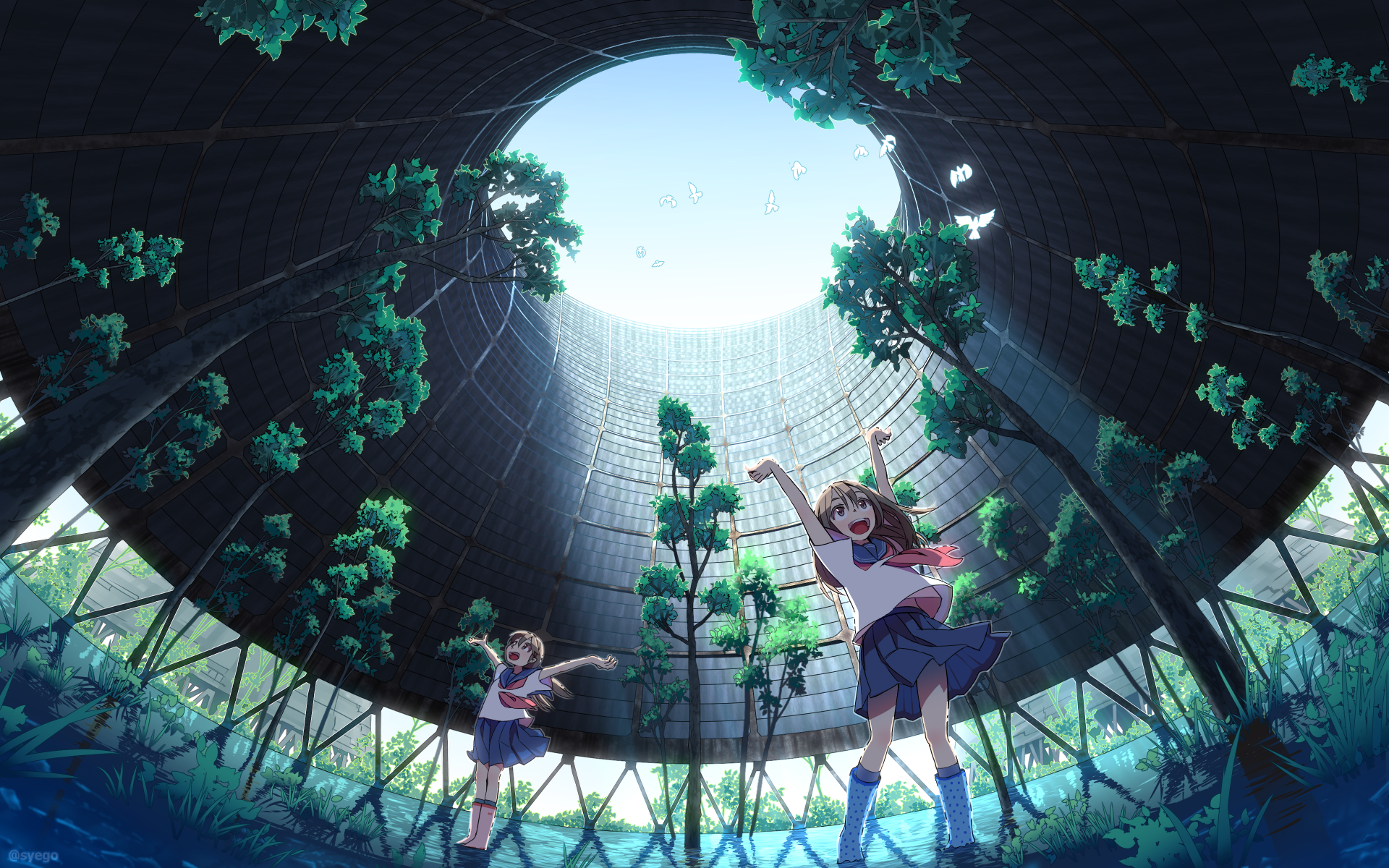 Anime 1920x1200 anime anime girls syego happy school uniform skirt sky birds arms up trees water building