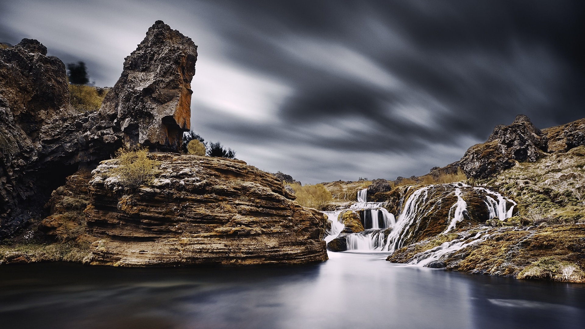 General 1920x1080 nature landscape long exposure clouds waterfall rocks water rock formation Iceland