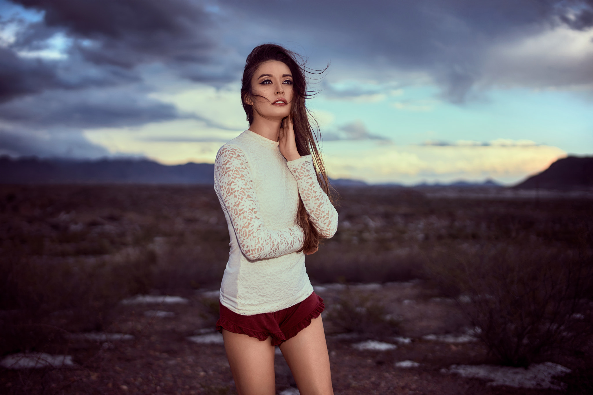People 2048x1365 women brunette brown eyes short shorts steppe Robert Stebler Sabrina Gomez looking into the distance 500px white clothing red pants standing landscape women outdoors outdoors