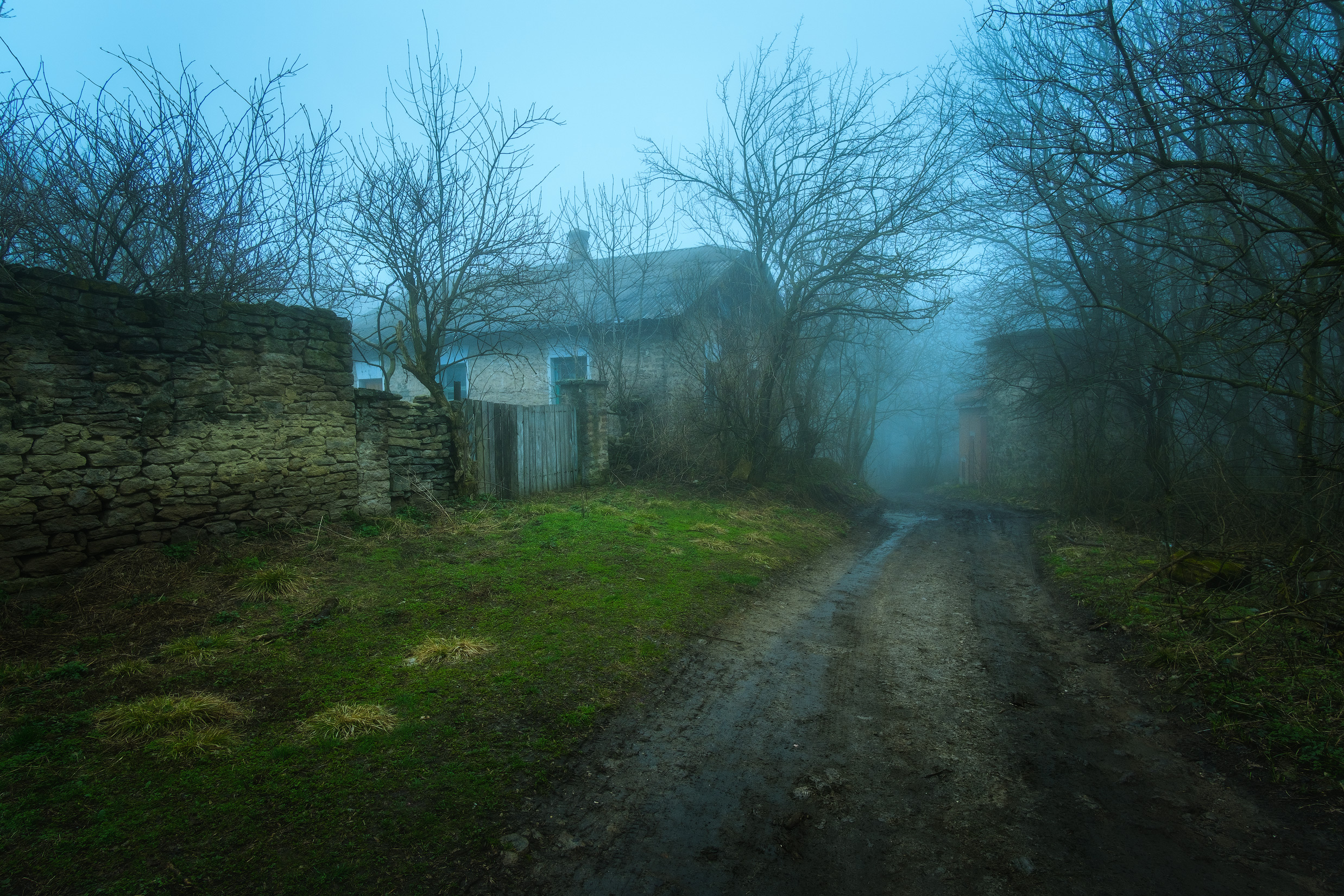 General 2475x1650 dirt road mist trees house dirt mud grass gloomy fall stone wall old building