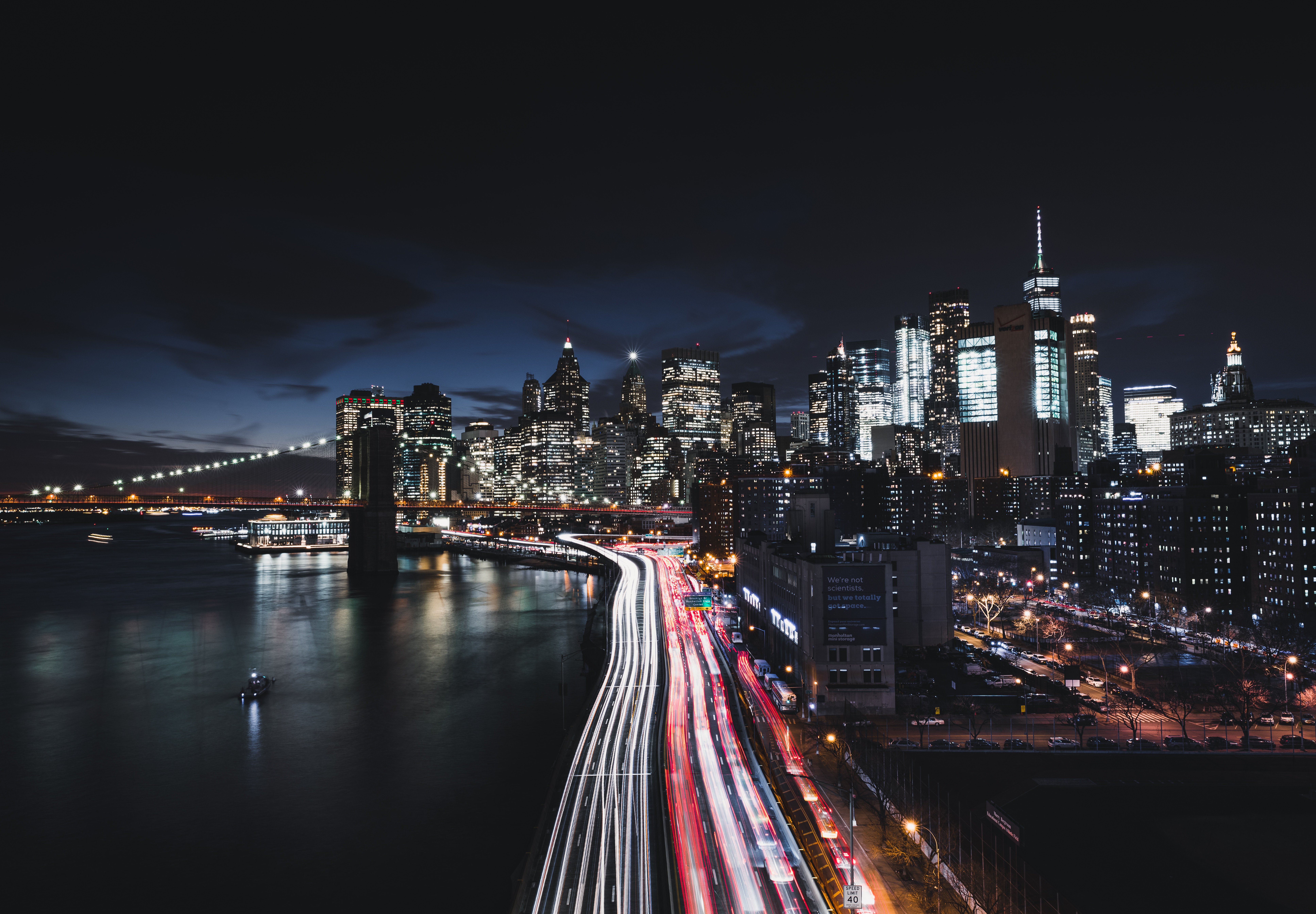 General 7740x5380 city road cityscape night long exposure traffic sky dark New York City Brooklyn Bridge Manhattan