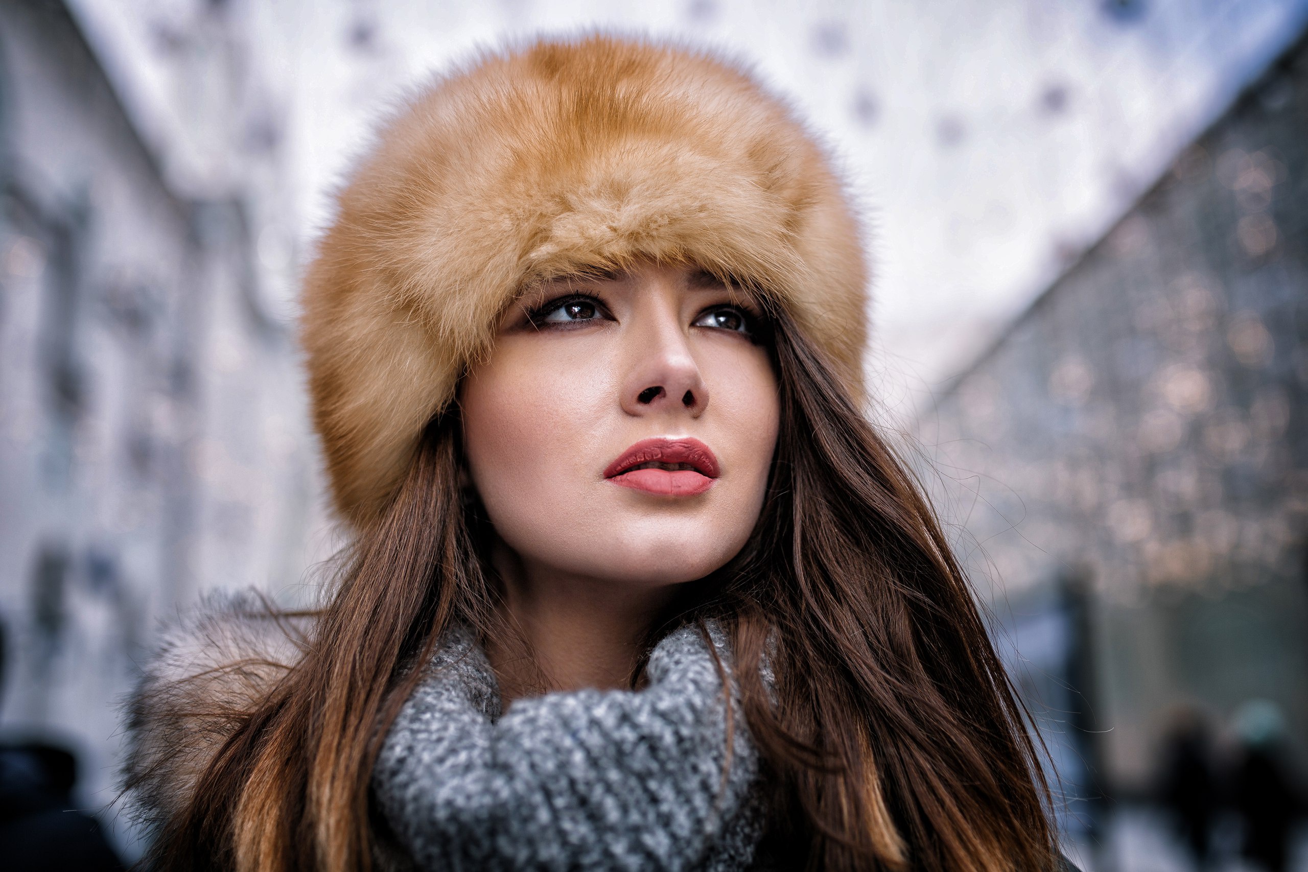 People 2560x1707 urban women outdoors portrait women model Disha Shemetova fur cap looking into the distance sweater fur winter closeup