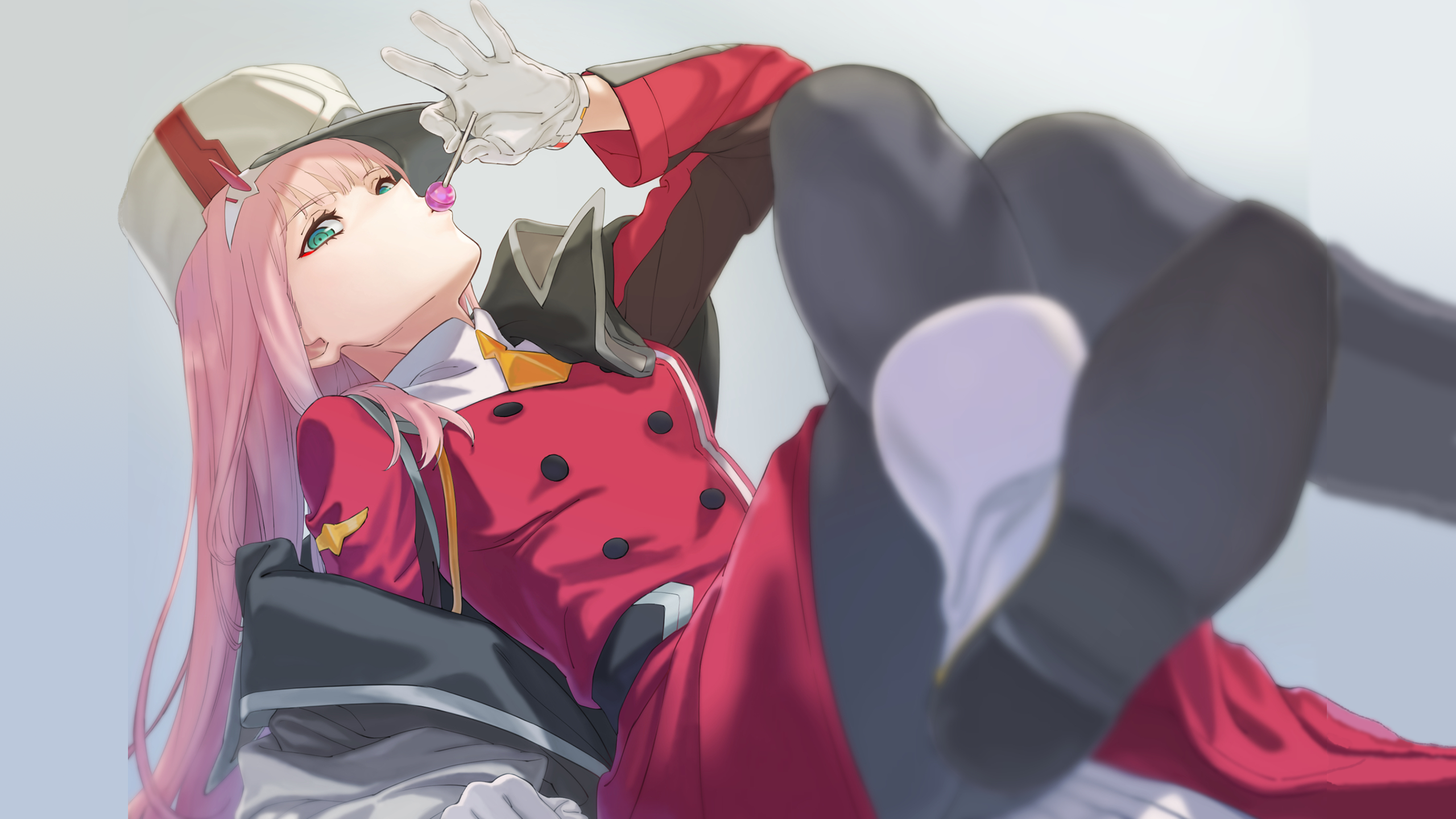 Anime 2560x1440 Darling in the FranXX anime girls Zero Two (Darling in the FranXX) pink hair thighs pantyhose long hair female soldier lying on back legs crossed military uniform lollipop anime girls eating white gloves small boobs 2D aqua eyes looking at viewer fan art blunt bangs depth of field reclining curvy