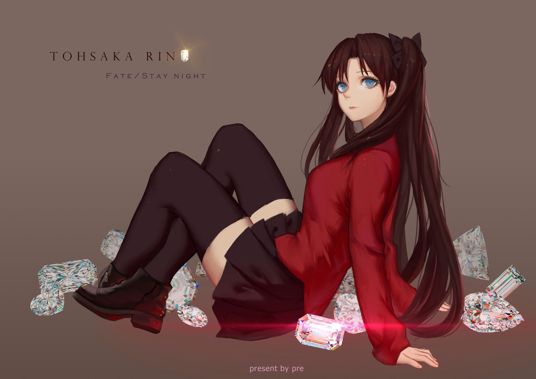 Anime 1754x1240 Fate series Fate/Stay Night: Unlimited Blade Works Fate/Stay Night anime girls black stockings thighs zettai ryouiki red shirt black skirts JK black boots legs crossed twintails black ribbons bangs blue eyes 2D diamonds curvy Tohsaka Rin brunette long hair Pre looking at viewer fan art smiling