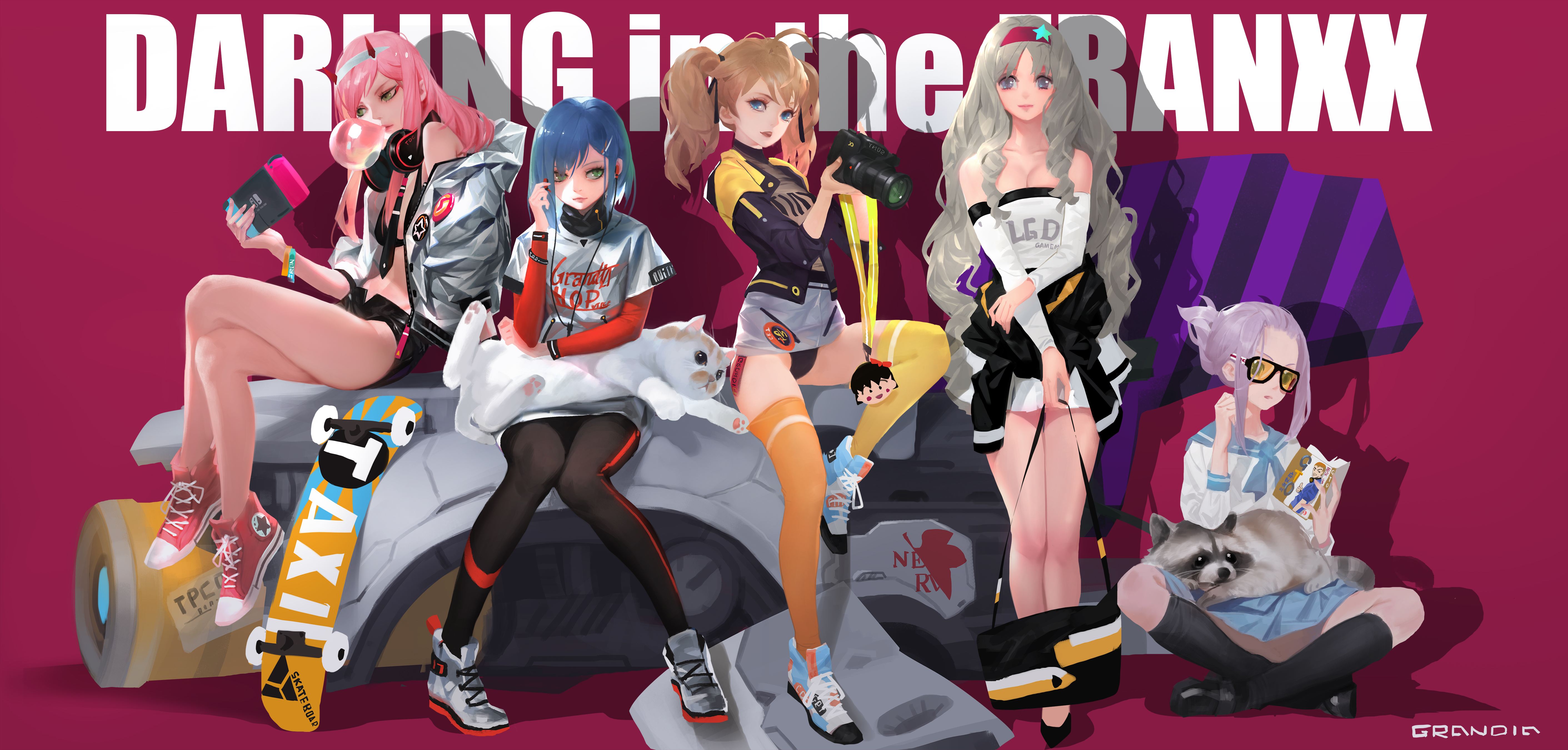 Anime 5644x2700 Darling in the FranXX anime girls Ichigo (Darling in the FranXX) Kokoro (Darling in the Franxx) Code:196 (Ikuno) Zero Two (Darling in the FranXX) Miku (Darling in the Franxx) Nintendo Switch skateboard twintails alternate costume camera women with cat raccoons manga JK bare shoulders long sleeves reading yoga pants thighs long hair pink hair blue hair brunette purple hair smiling ahoge Nerv 2D anime yellow stockings thick thigh fan art anime girls eating