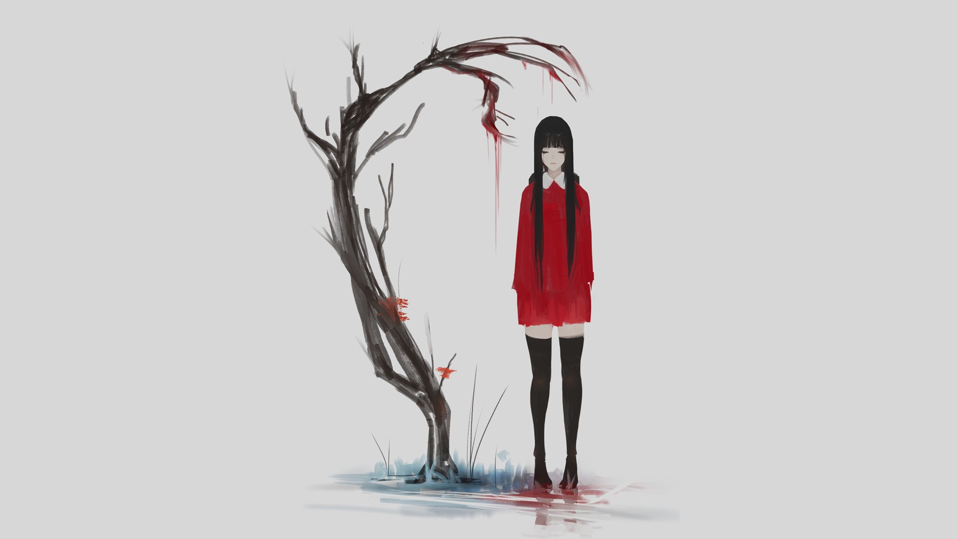 Anime 1920x1080 anime anime girls gray simple background red trees depressing