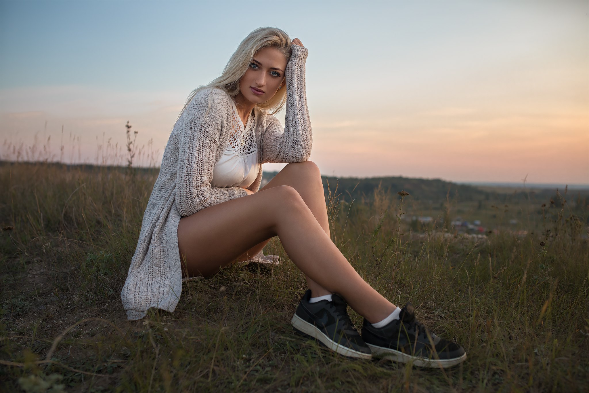 People 2048x1365 Dmitry Shulgin legs women women outdoors blonde sitting Karina Tikhonovskaya