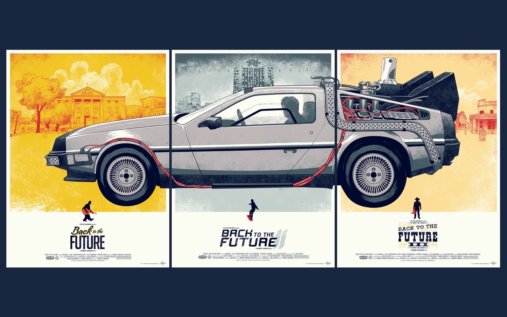 General 1680x1050 Back to the Future movies DeLorean car Movie Vehicles artwork vehicle Time Machine collage Back to the Future II (Movies) Back to the Future III (Movie) simple background blue background silver cars time travel