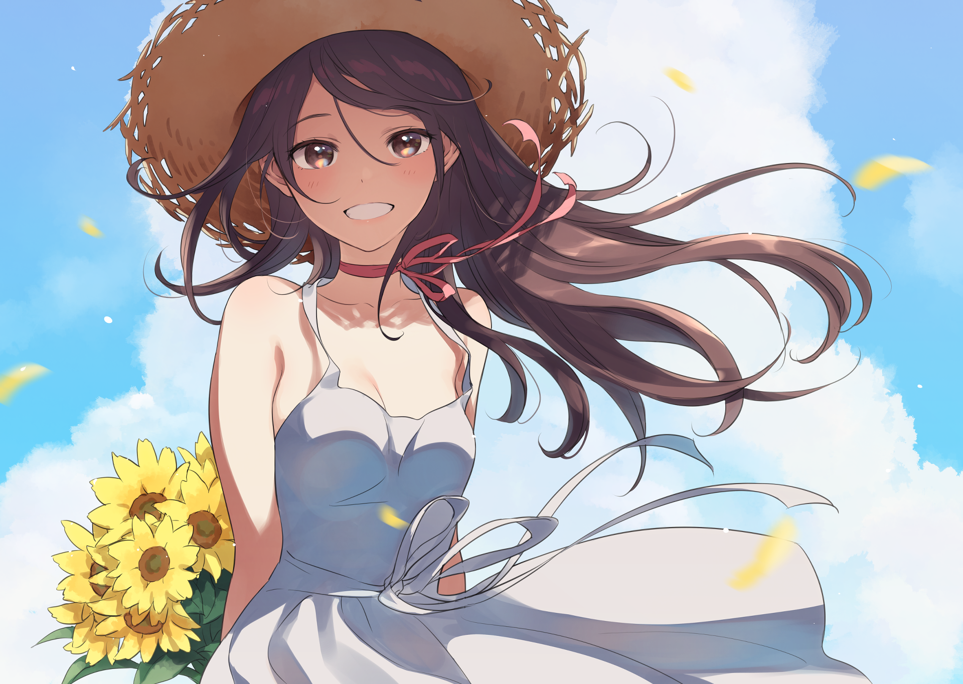 Anime 1920x1364 anime anime girls brunette white dress straw hat long hair sun dress sunflowers red ribbon smiling Morikura En