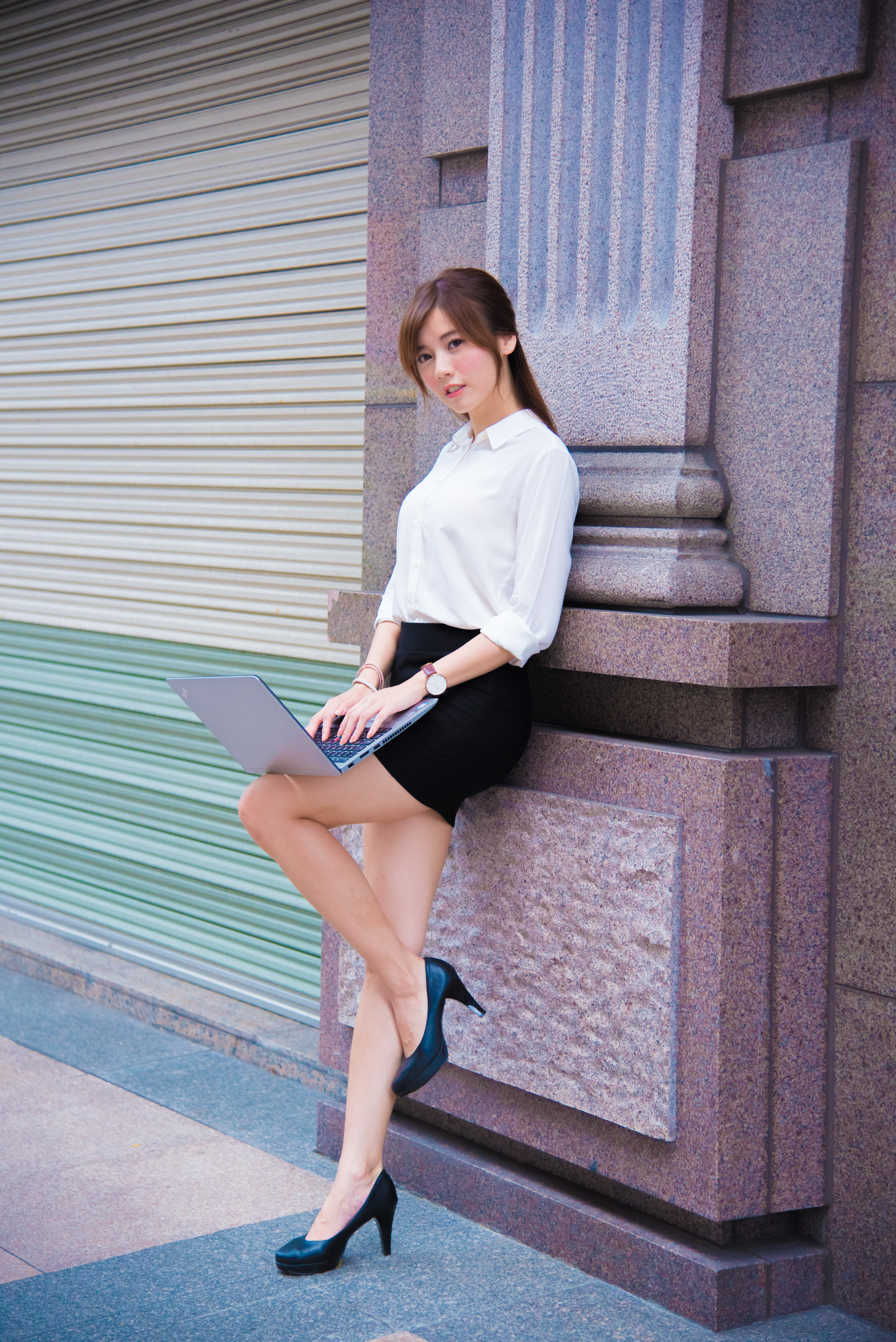 People 4016x6016 women model Asian brunette heels black skirts white shirt office girl long hair
