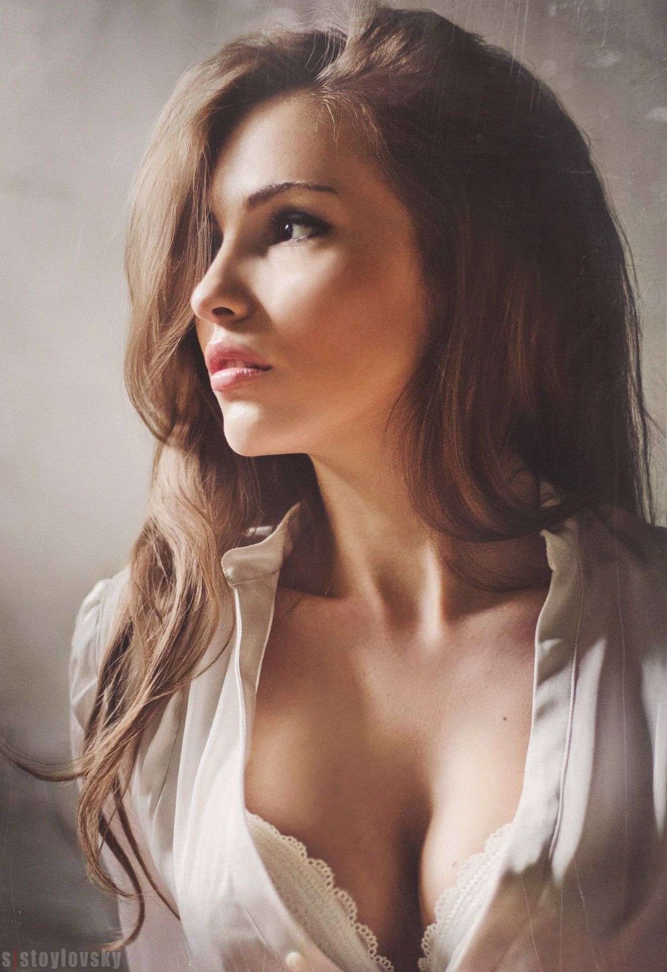 People 1325x1929 women model brunette cleavage long hair open shirt white bra looking away profile hair in face white shirt