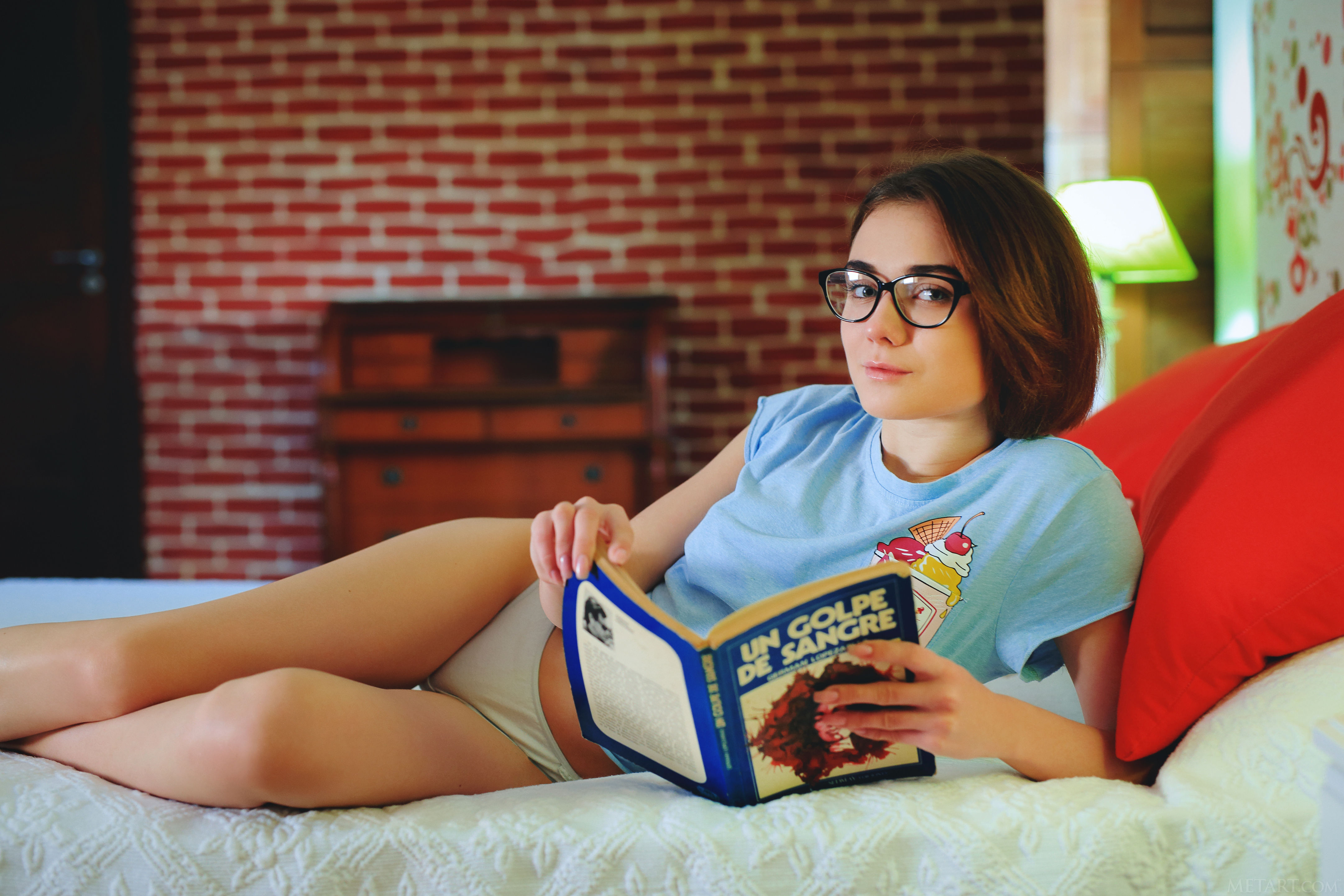 People 4324x2883 MetArt women brunette glasses T-shirt white panties in bed Alice Shea short hair women with glasses book in hand