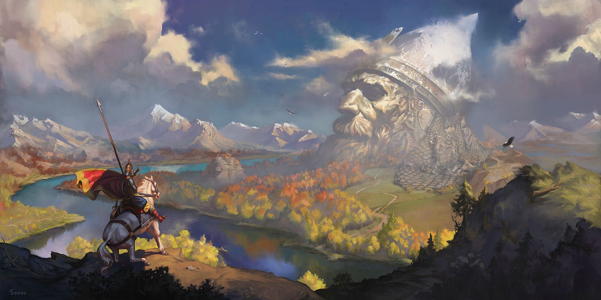 General 2000x1000 artwork fantasy art statue horse landscape river mountains