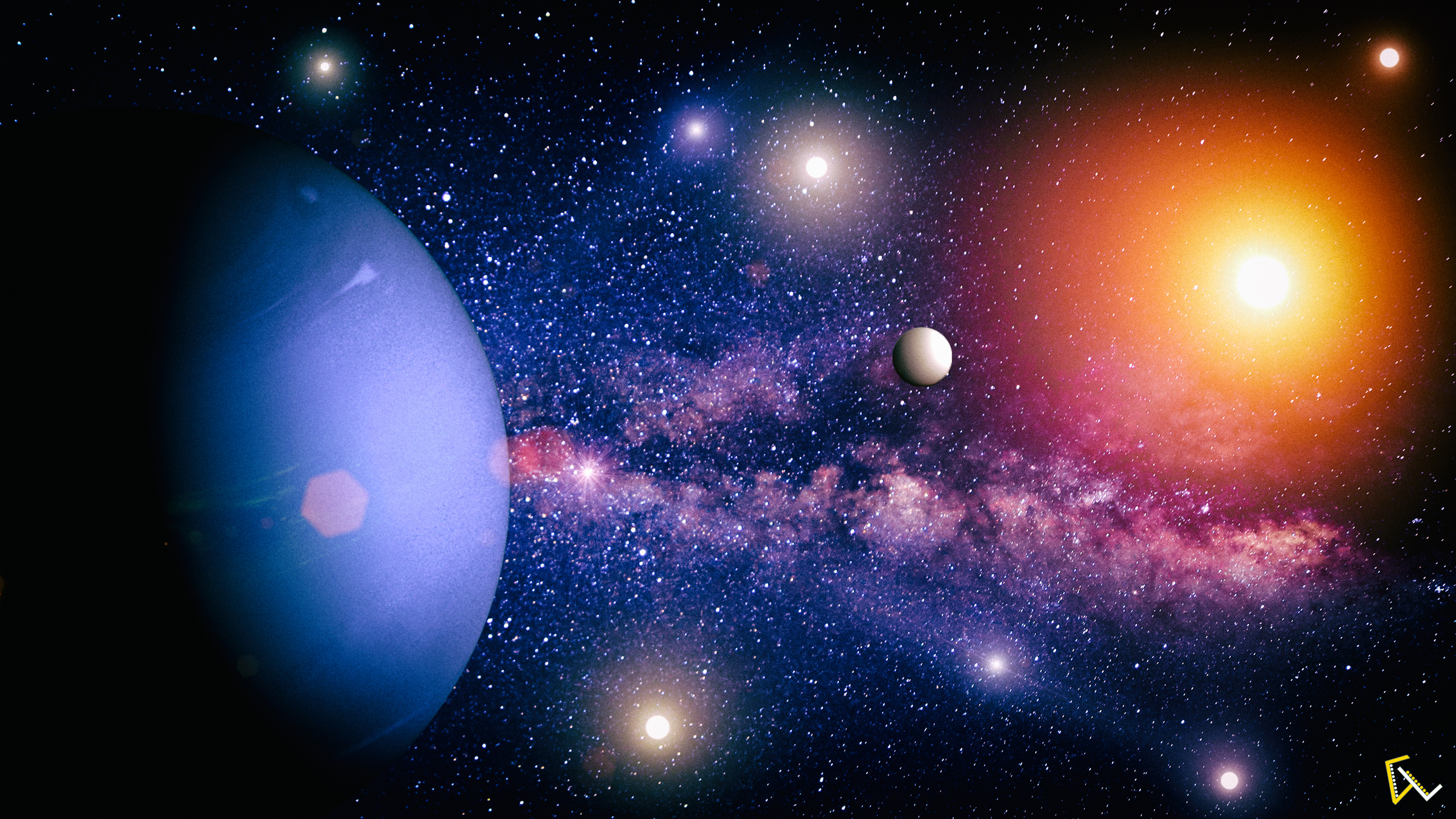 General 2560x1440 space planet Neptune sun rays lens flare stars photoshopped CGI digital art