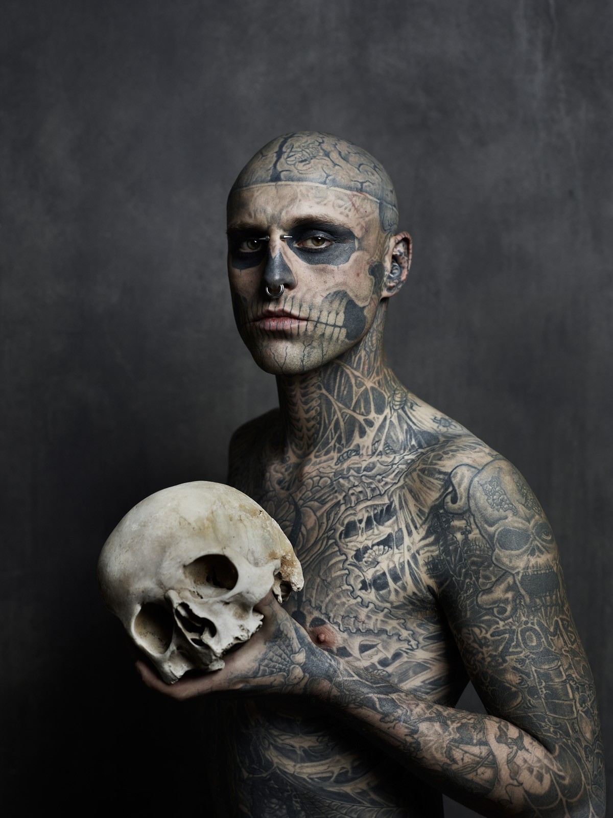 People 1200x1601 men shirtless tattoo Rico the Zombie Rick Genest shaved head nose ring skull piercing bones deceased Canadian