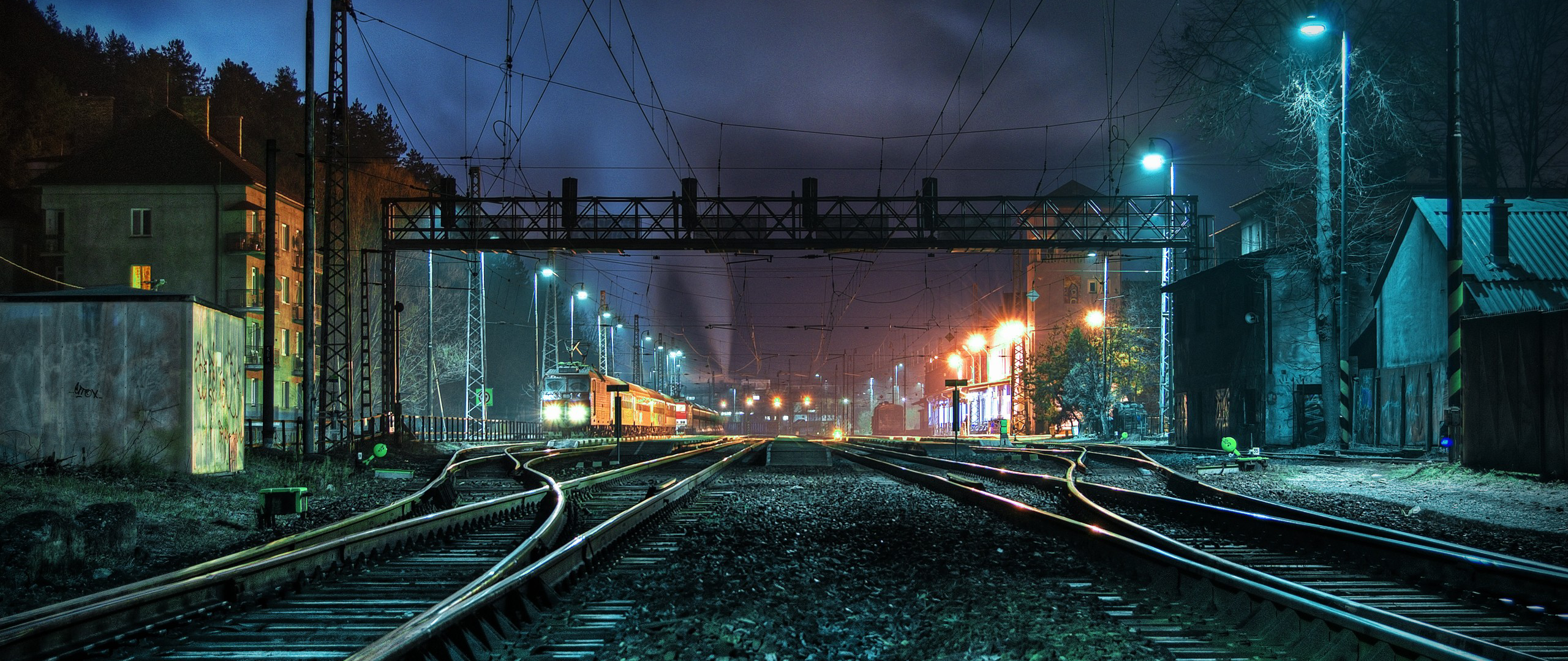 General 2560x1080 ultrawide photography railway night train dark Slovakia vehicle railway crossing train station low light