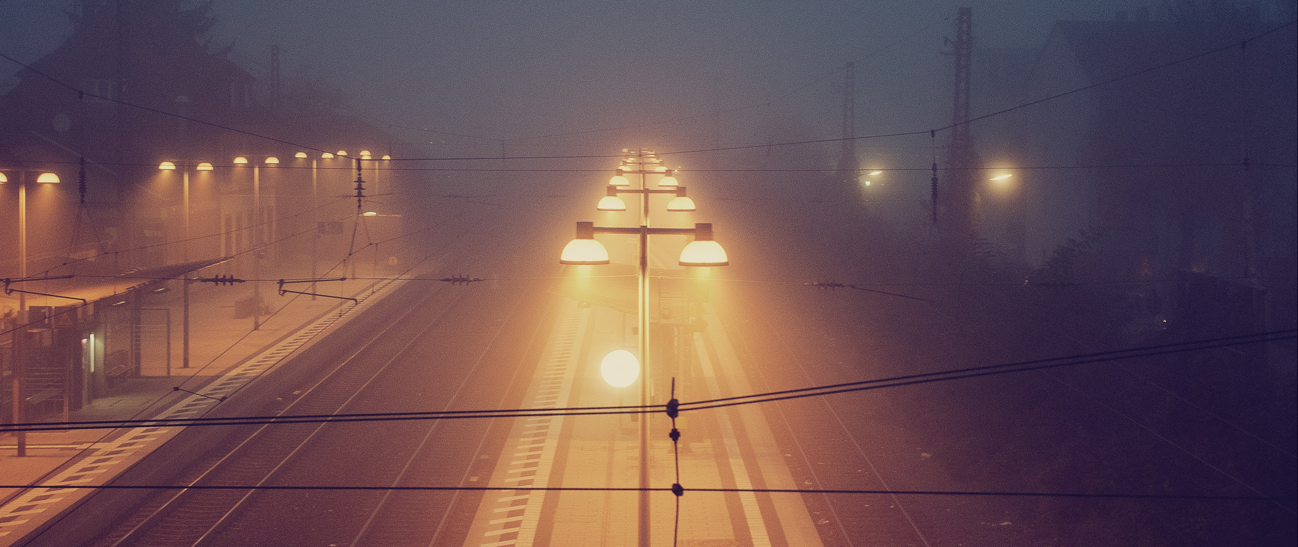 General 2560x1080 ultrawide photography mist train station railway lights low light
