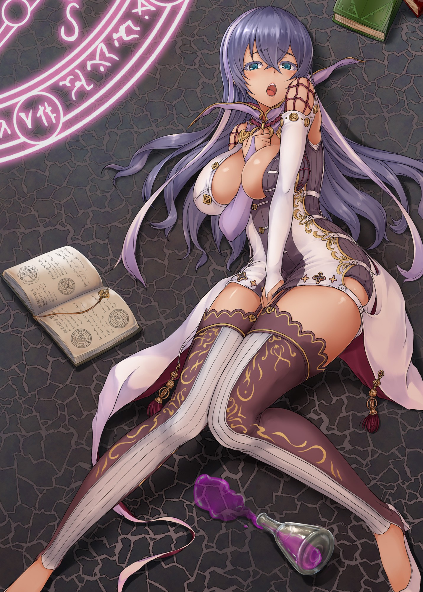 Anime 1430x2000 original characters anime girls long hair purple hair elbow gloves thigh-highs books cleavage Isabelle (Shadowverse) Shadowverse