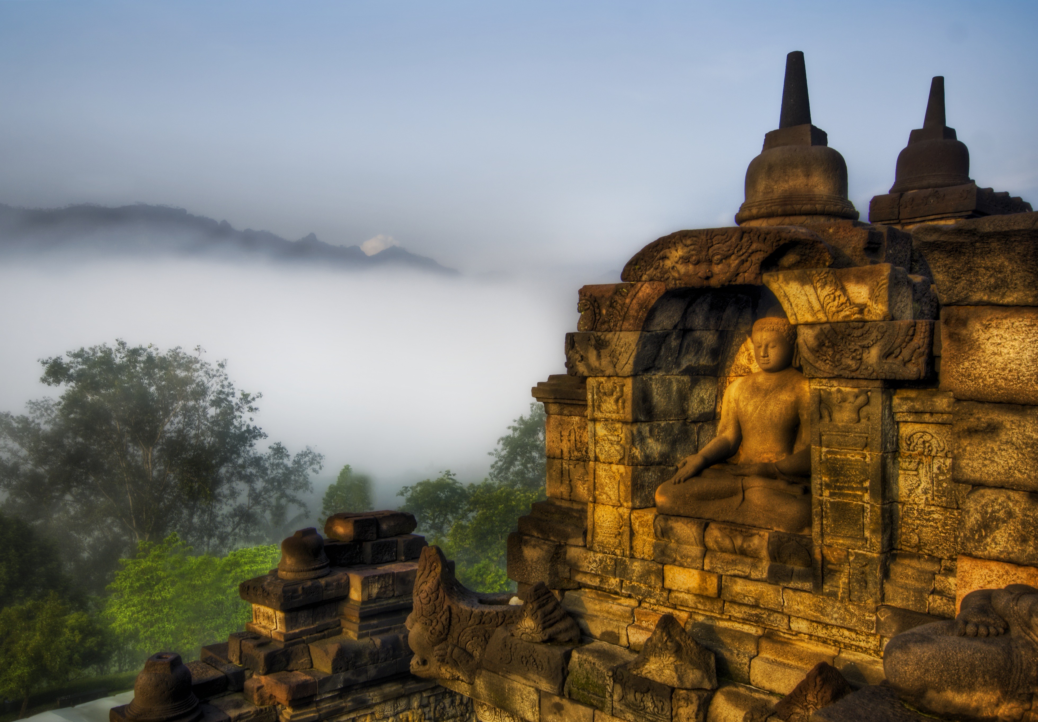 General 3918x2727 architecture religious temple Indonesia Buddha Buddhism HDR trees mountains mist stones sculpture meditation calm