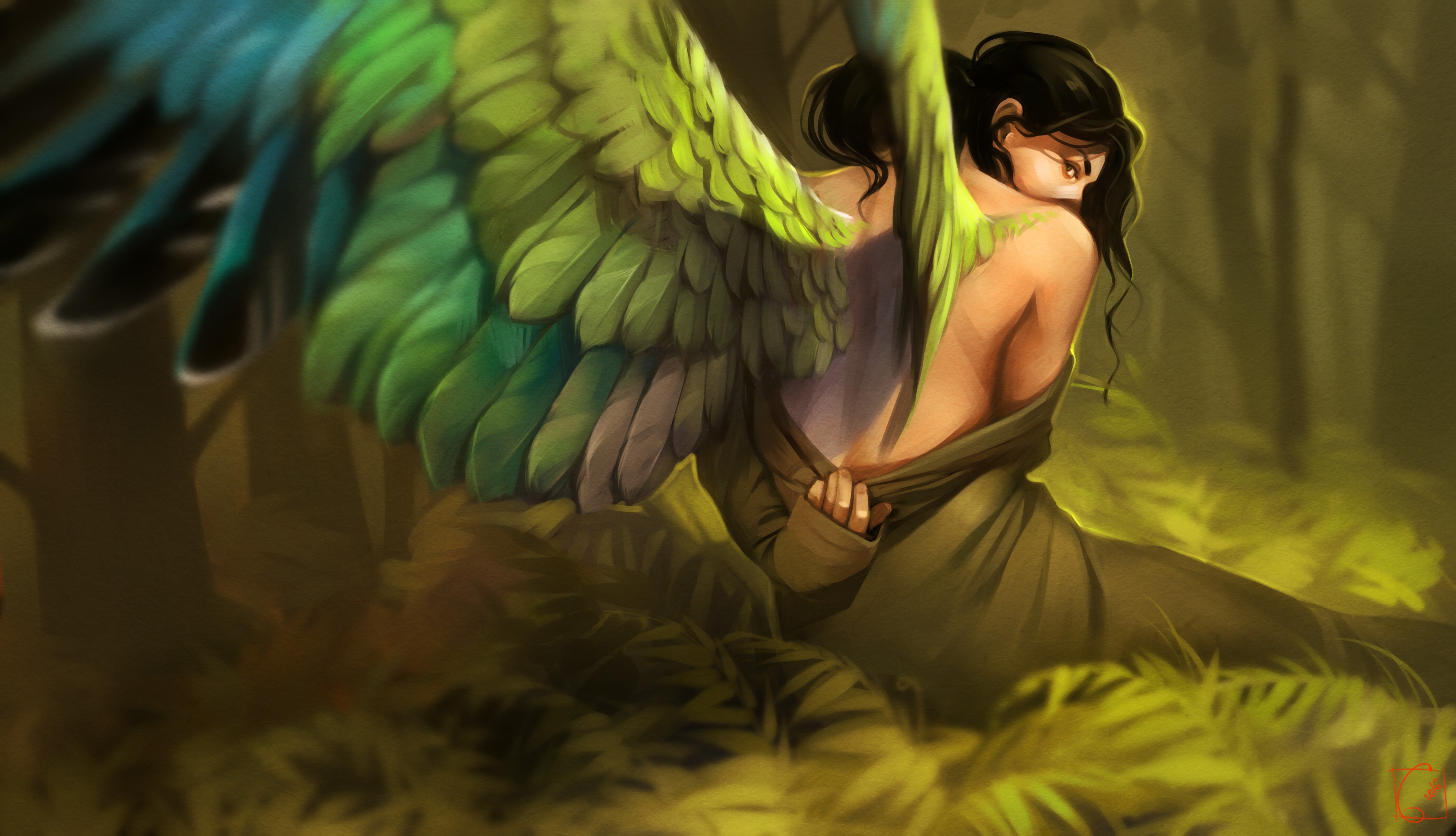 General 4444x2551 wings women green fantasy art bareback Alexandra GaudiBuendia Khitrova