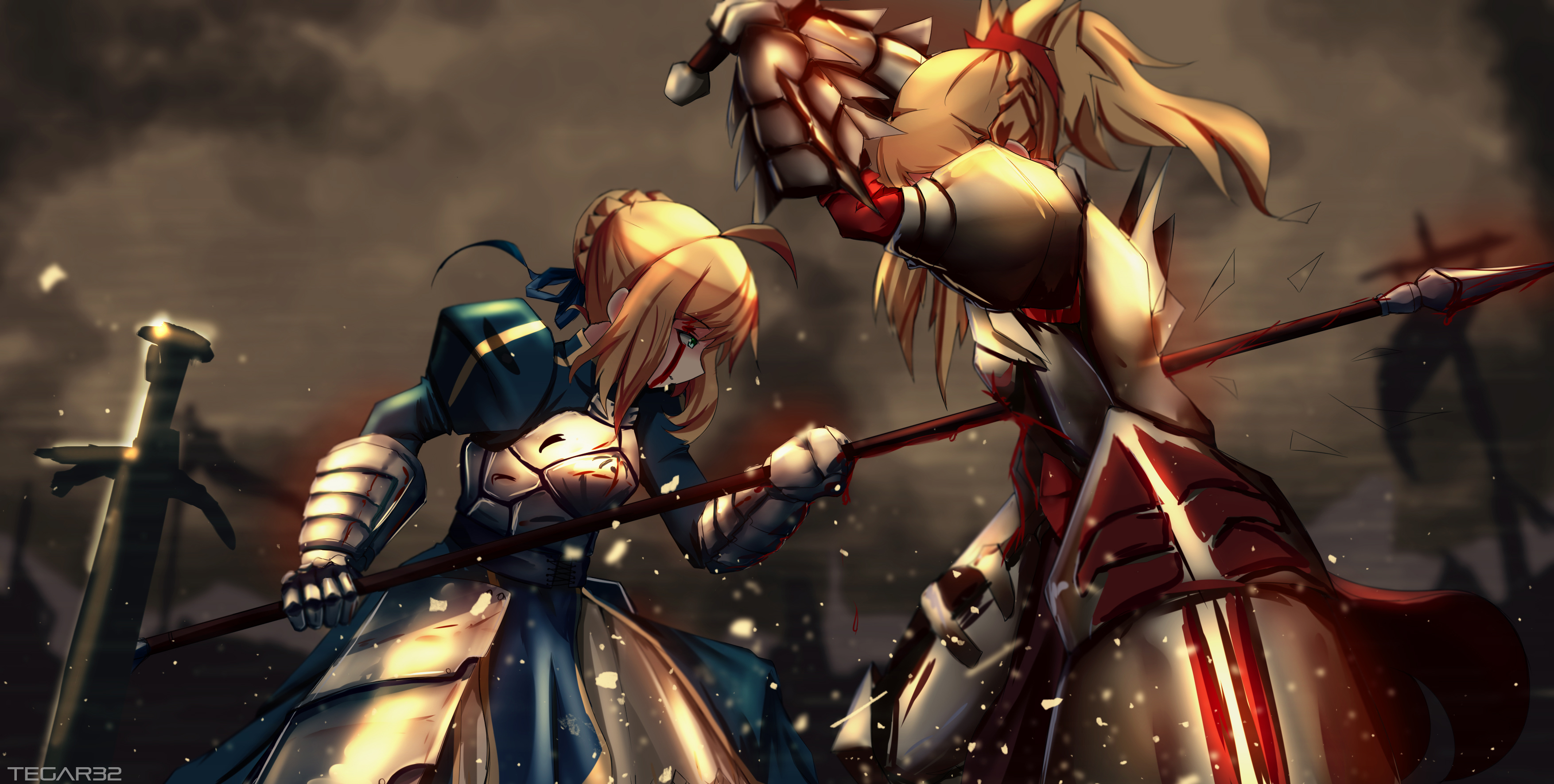 Anime 3508x1771 Fate series Fate/Apocrypha  anime girls Mordred (Fate/Apocrypha) Fate/Stay Night Saber Artoria Pendragon blonde armor battle blood