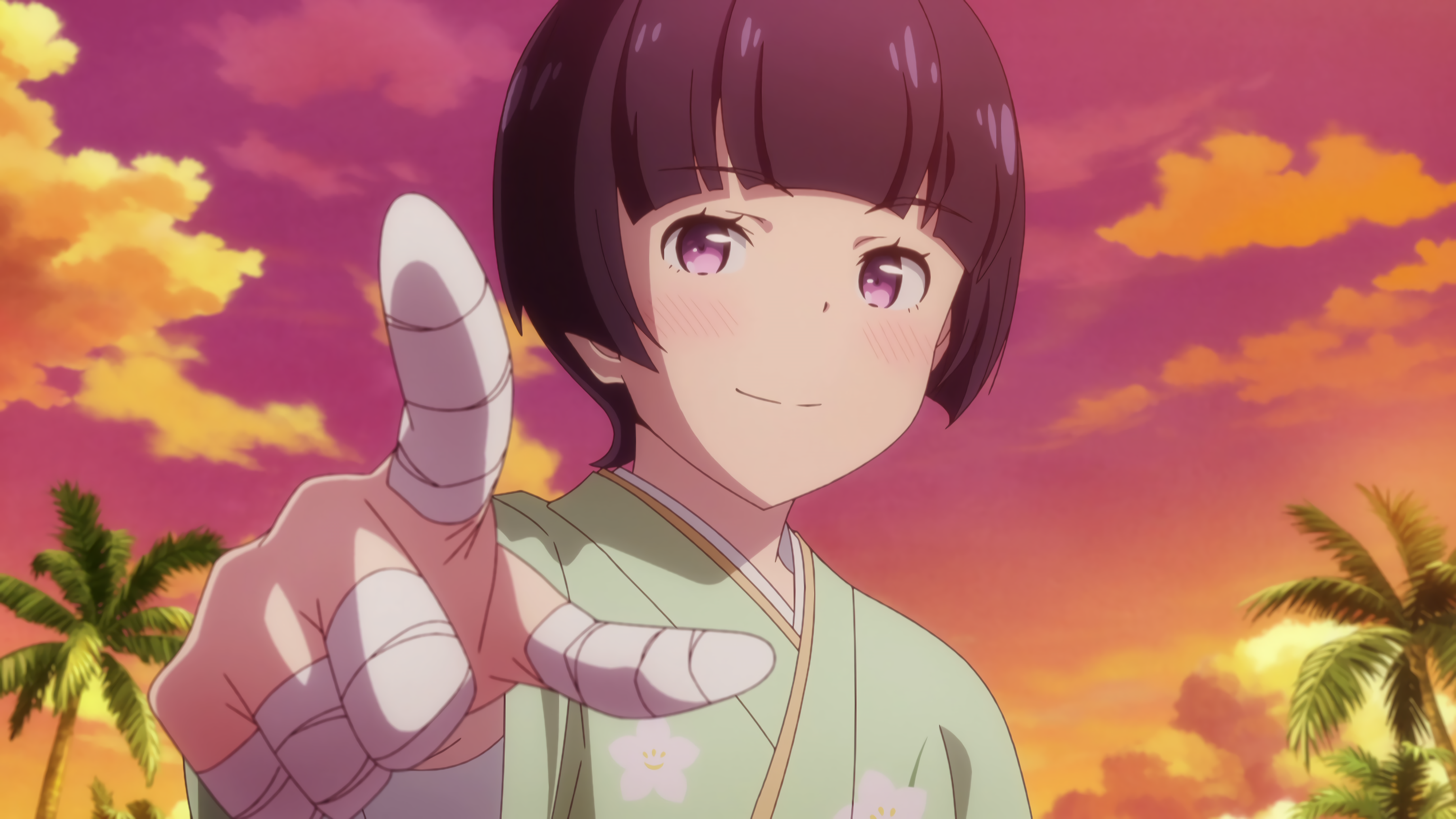 Anime 3072x1728 Eromanga-sensei Senju Muramasa anime girls purple eyes palm trees sky hands short hair face anime sunset