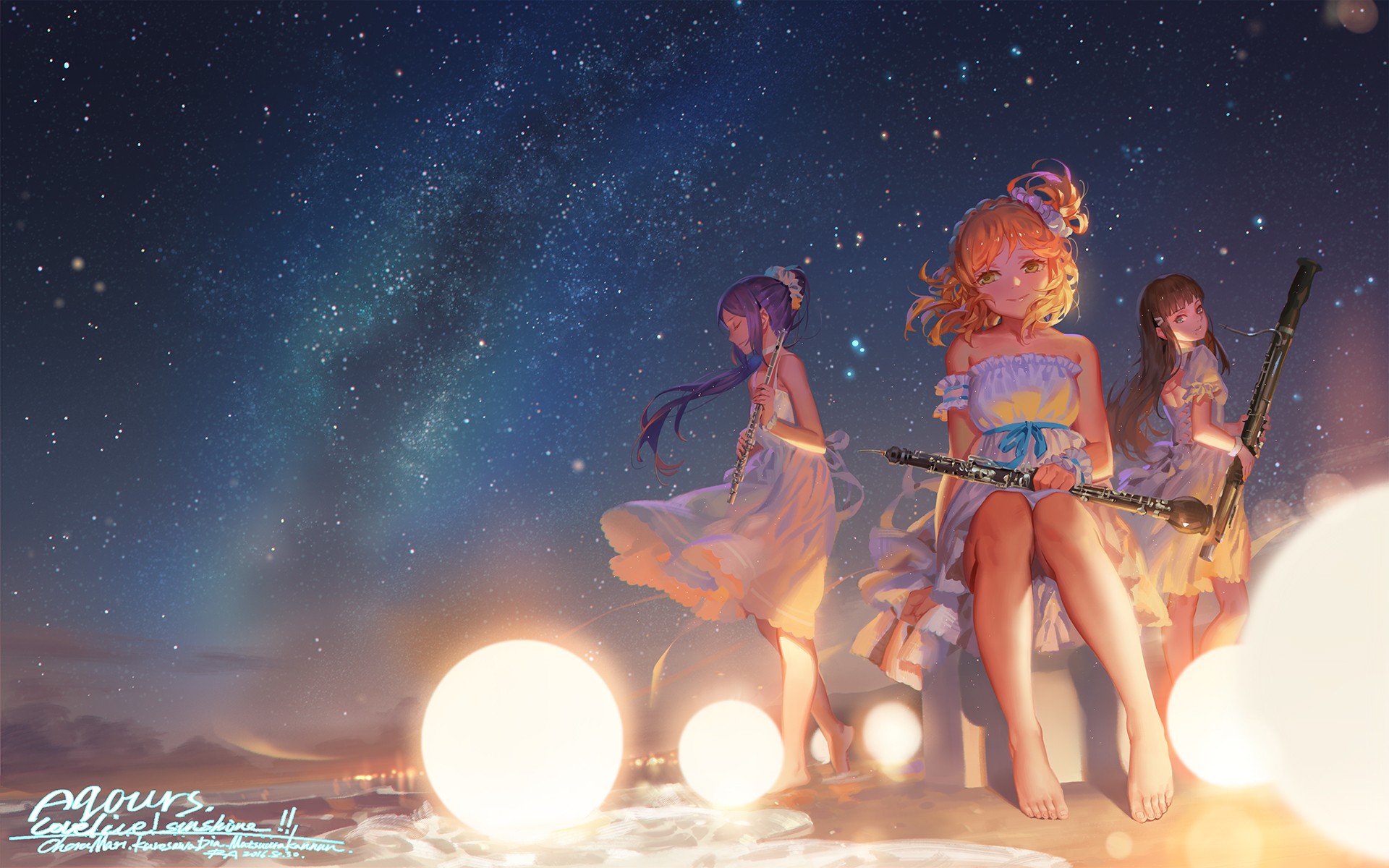 Anime 1920x1200 anime girls artwork digital art Love Live! Sunshine space Ohara Mari Kurosawa Dia Matsuura Kanan beach sky musical instrument white dress starry night