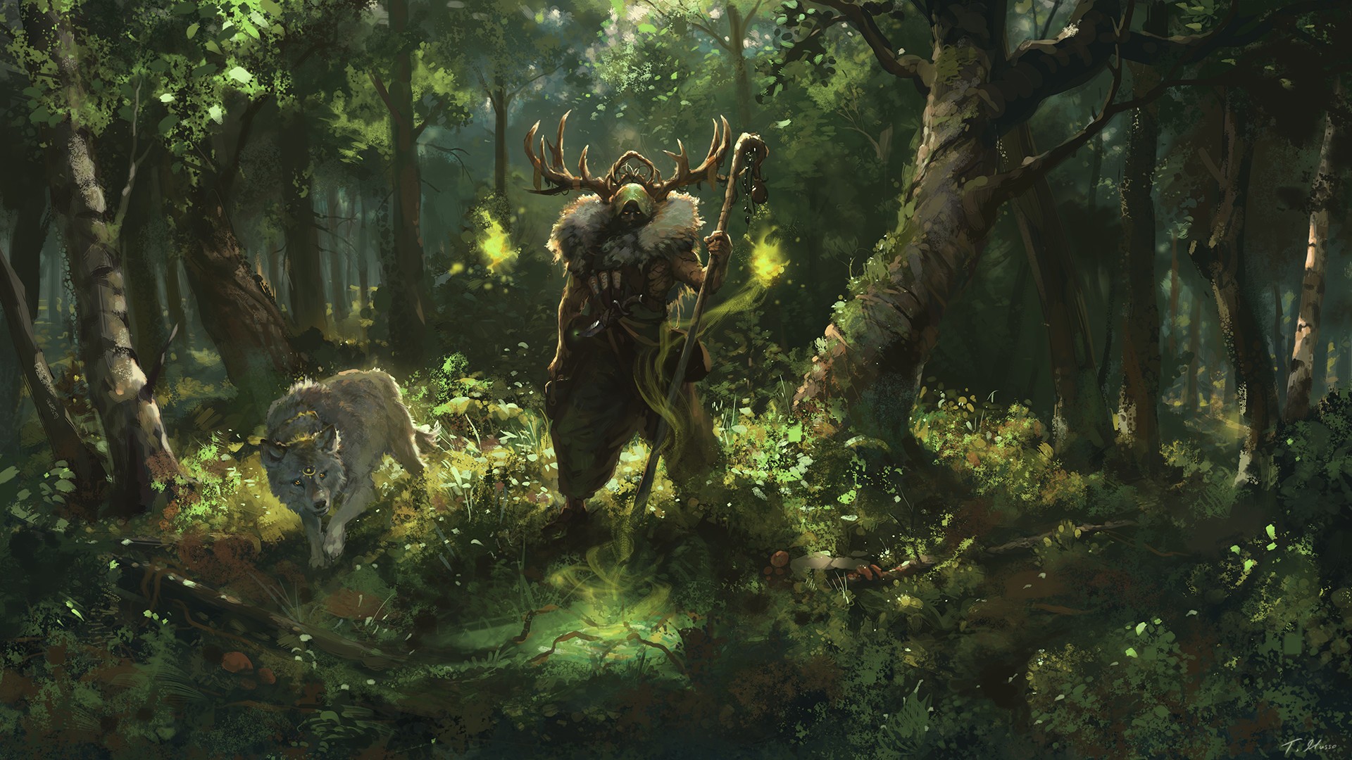 General 1920x1080 forest wolf sorcerer antlers green grass deep forest plants anime