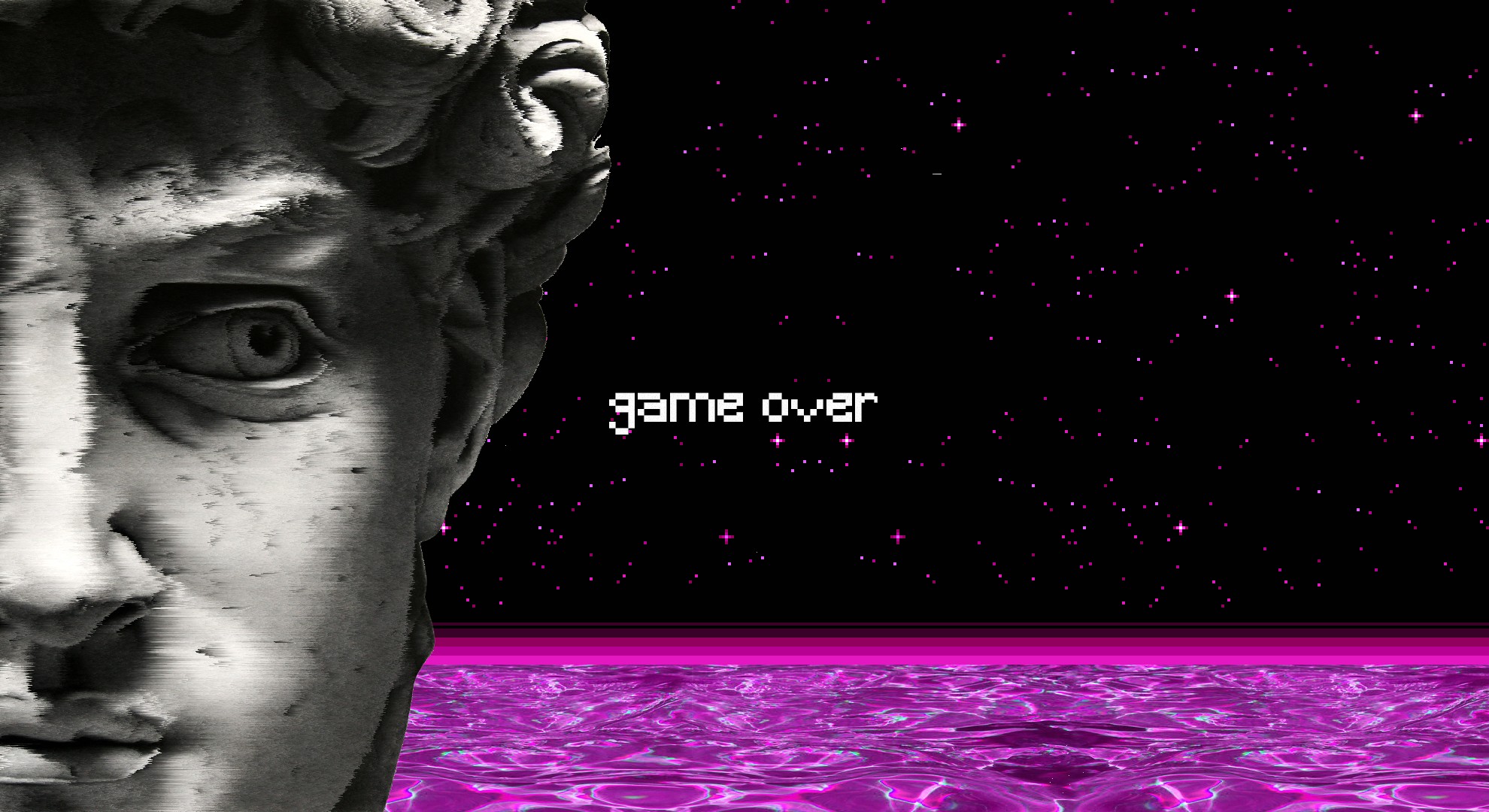 General 1980x1080 vaporwave statue water spaceship GAME OVER pixel art pink magenta