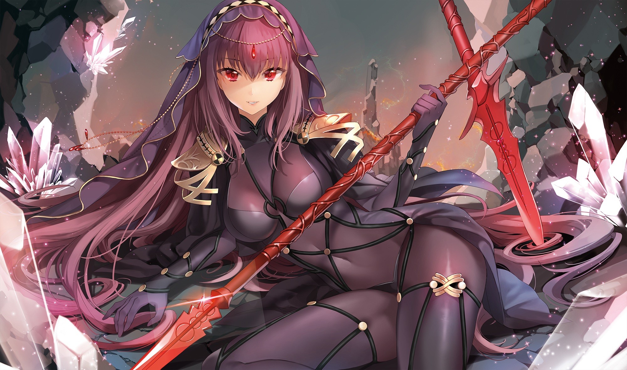 Anime 2000x1180 anime anime girls Fate/Grand Order Scathach bodysuit weapon long hair red eyes