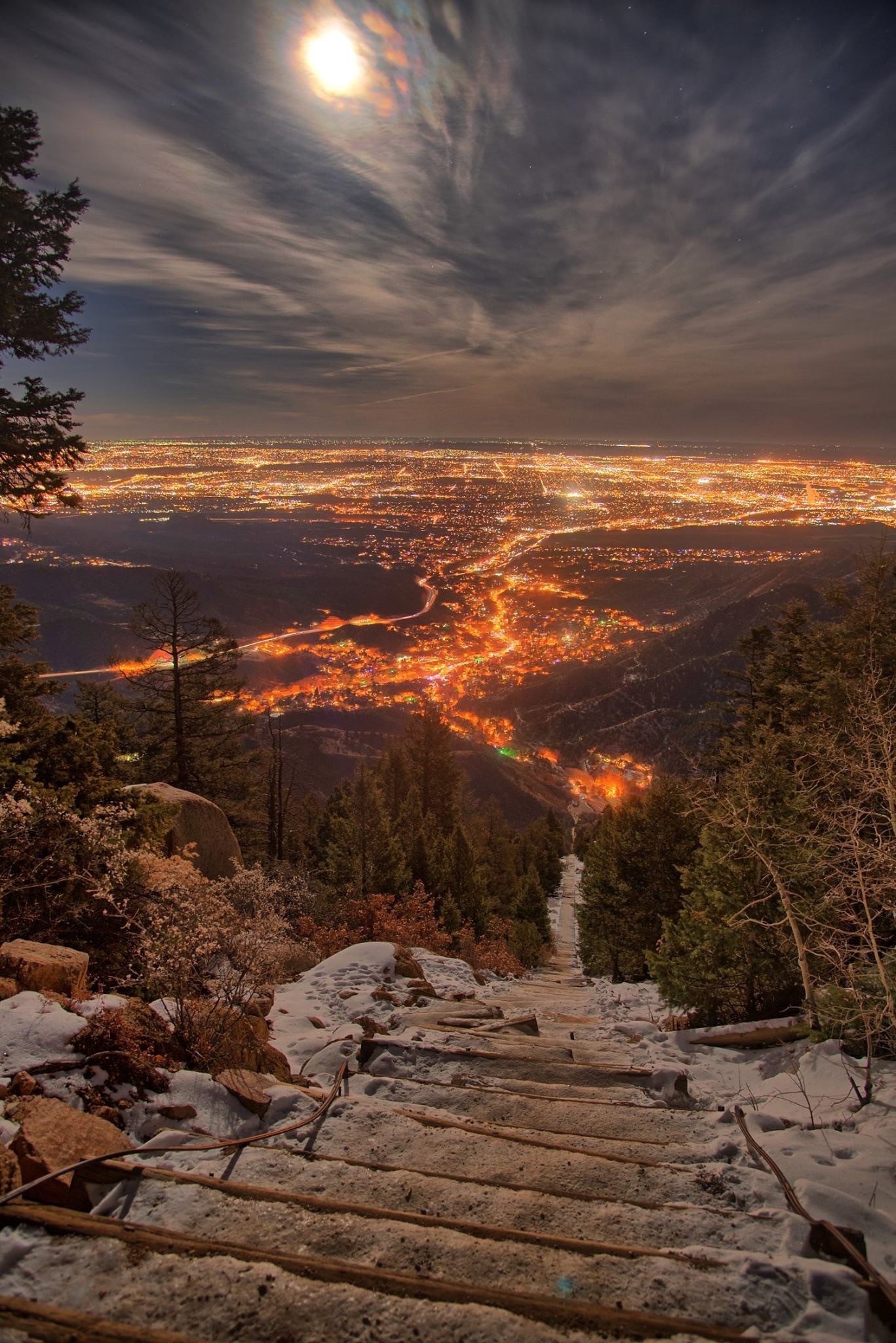 General 1367x2048 nature landscape clouds portrait display Colorado cityscape USA city lights trees evening forest stairs colorado springs