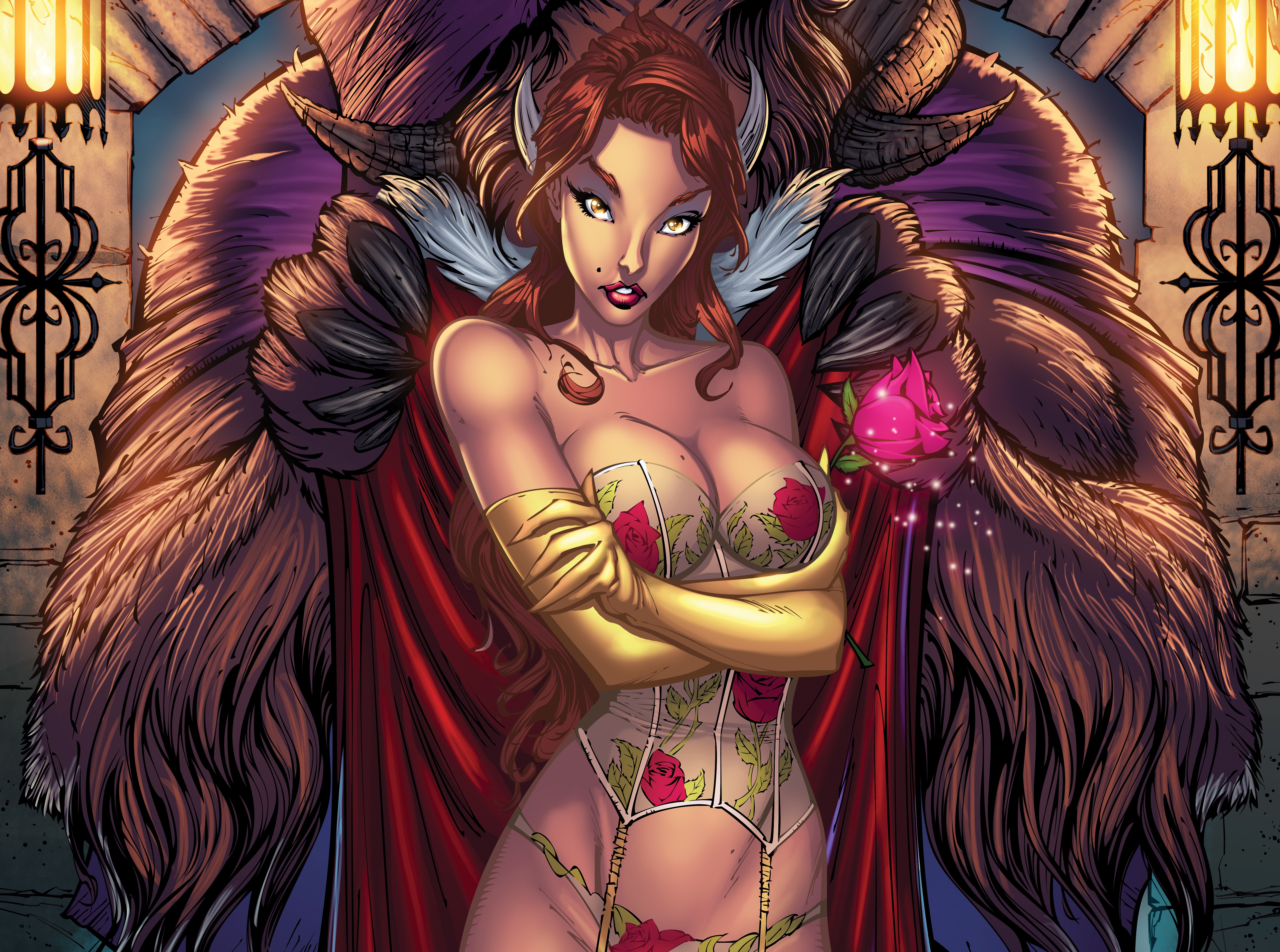 General 5131x3818 Beauty and the Beast boobs artwork J. Scott Campbell creature digital art cleavage looking at viewer lipstick red lipstick lingerie arms crossed moles redhead brown eyes rose claws horns parted lips collarbone elbow gloves gloves floral