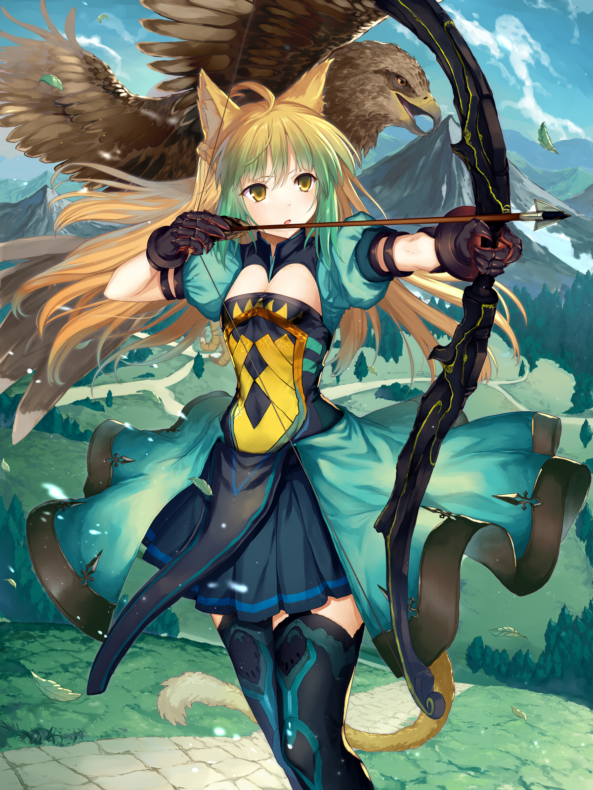 Anime 1200x1600 Fate/Apocrypha  armor Fate/Grand Order tail thigh-highs weapon Atalanta (Fate/Grand Order) Fate series Abusoru anime girls cat girl animal ears bow