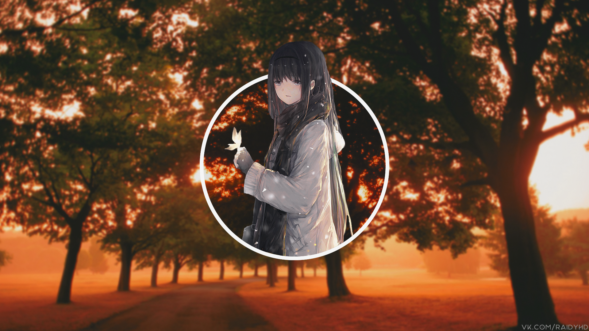 Anime 1920x1080 anime anime girls picture-in-picture trees watermarked sunlight long hair looking at viewer gloves fingerless gloves scarf purse coats black hair standing parted lips
