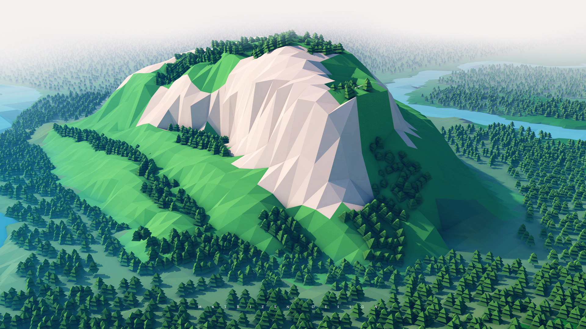 General 1920x1080 low poly CGI Cinema 4D digital art mountains forest river sky landscape photoshopped