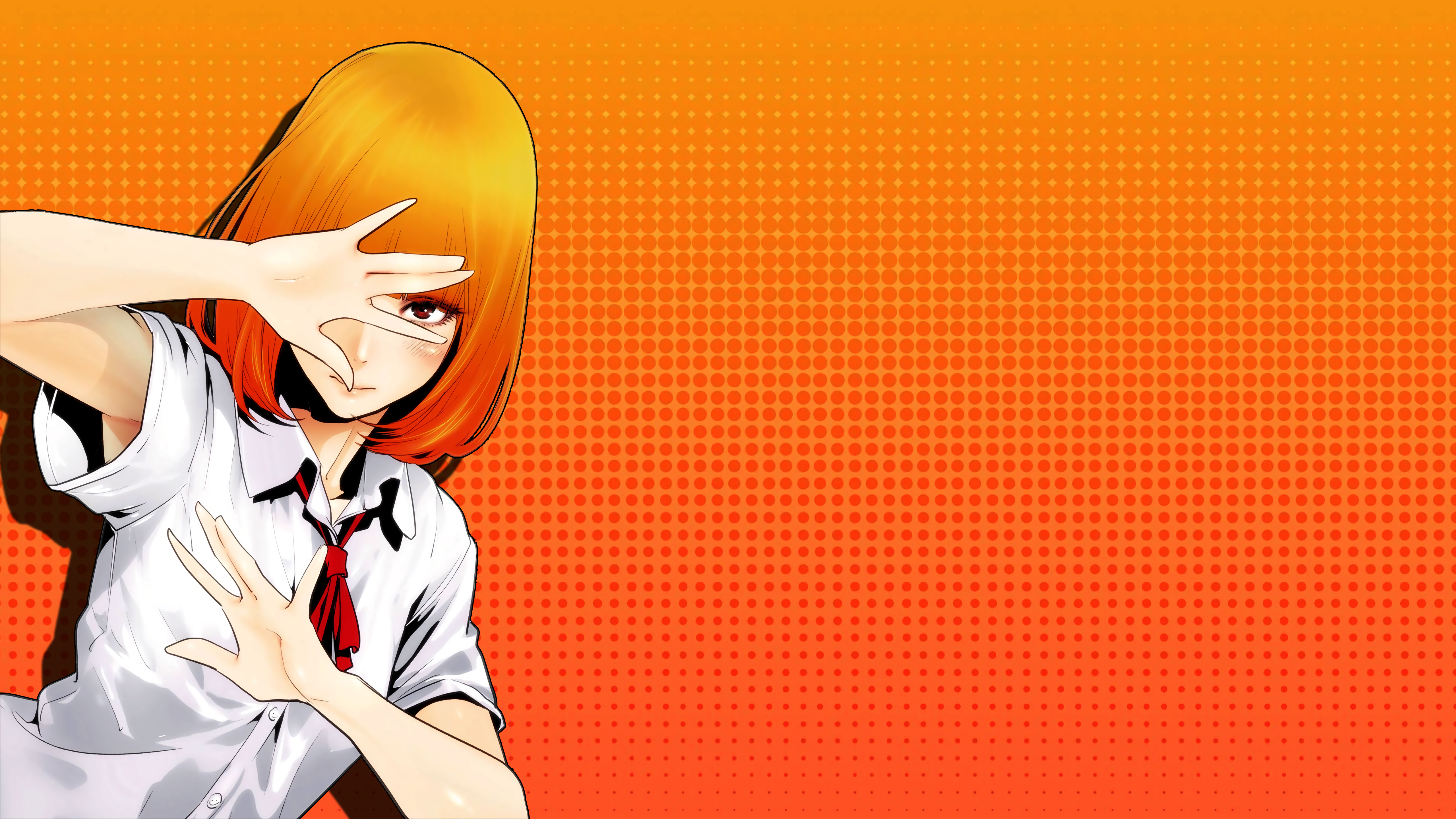 Anime 5120x2880 anime Prison School orange background hands blonde anime girls blocking view