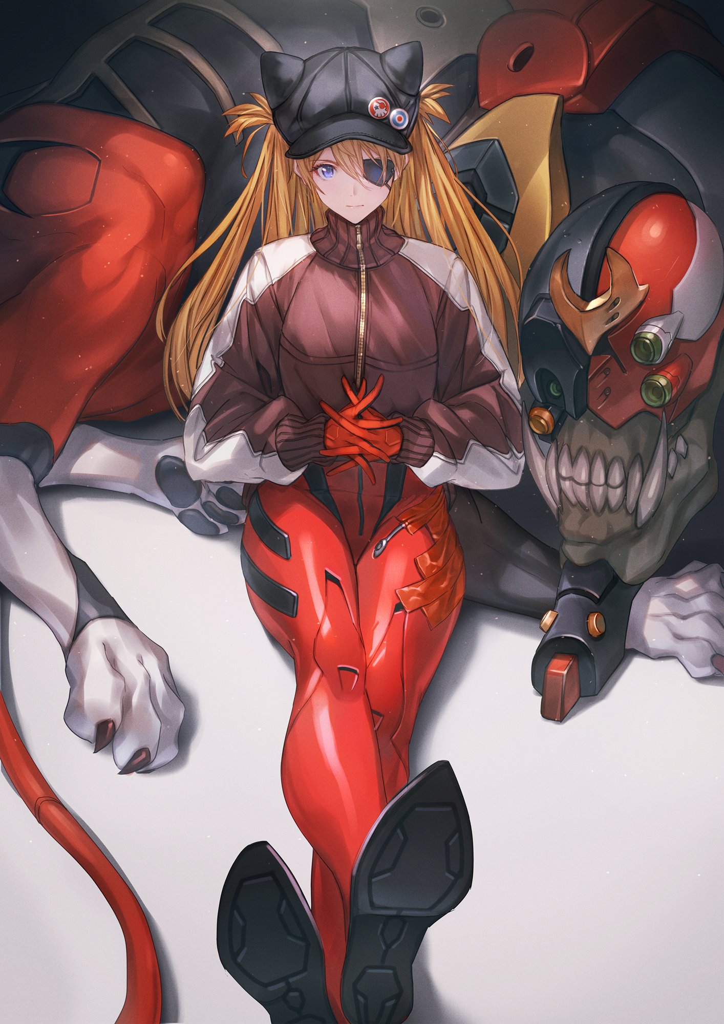 Anime 1414x2000 Neon Genesis Evangelion anime girls 2D long hair redesigned creature redhead plugsuit twintails curvy red jackets Asuka Langley Soryu EVA Unit 02 looking at viewer fan art blue eyes frontal view eyepatches bodysuit jacket thighs Makai No Juumin