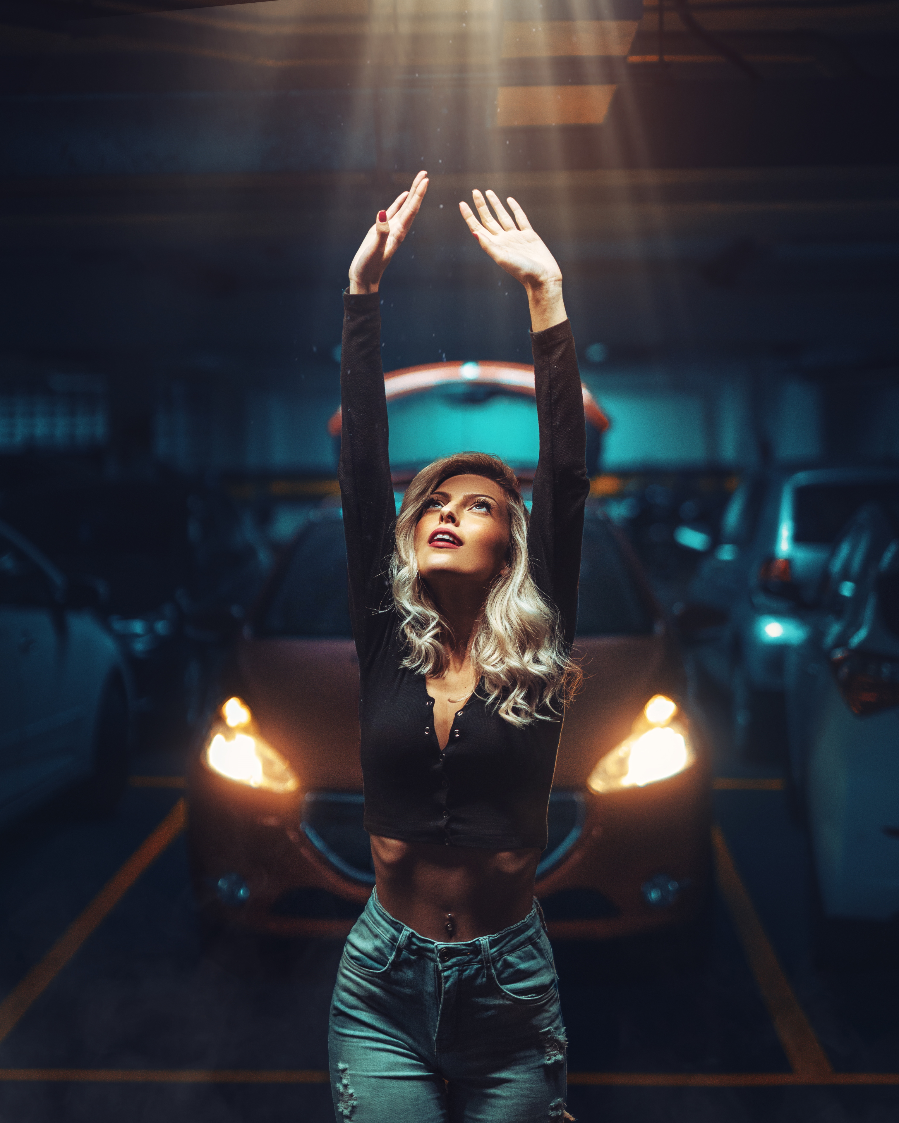 People 3072x3840 women model blonde portrait display black top cleavage belly pierced navel jeans torn jeans arms up ribs looking up lights frontal view depth of field parking parking lot car women with cars smiling Peugeot Peugeot 208 headlight beams