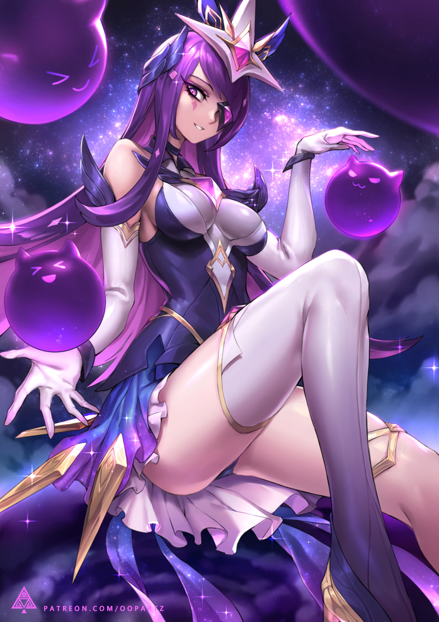 Anime 904x1280 Oopartz Yang drawing women purple hair long hair straight hair hair accessories purple eyes face paint smiling dress skirt panties thigh-highs purple floating elbow gloves League of Legends Syndra (League of Legends) missing stocking PC gaming video game girls boobs video game characters