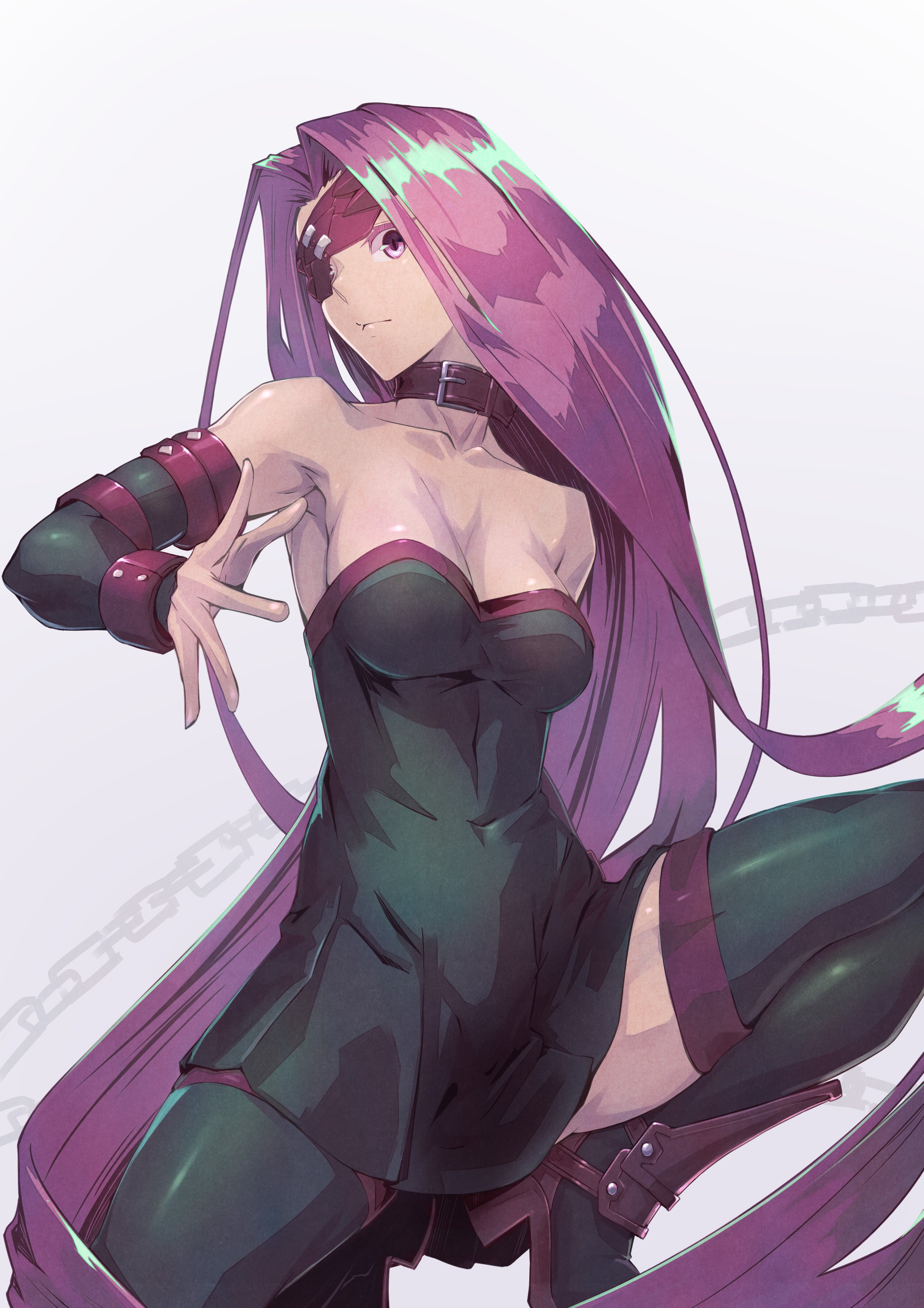 Anime 2893x4093 Fate series Fate/Stay Night fate/stay night: heaven's feel 2D thighs big boobs ecchi long hair female warrior cleavage black dress black thigh-highs thigh high boots blindfold purple hair smiling Rider (Fate/Stay Night) curvy portrait display purple eyes chains simple background fan art looking at viewer