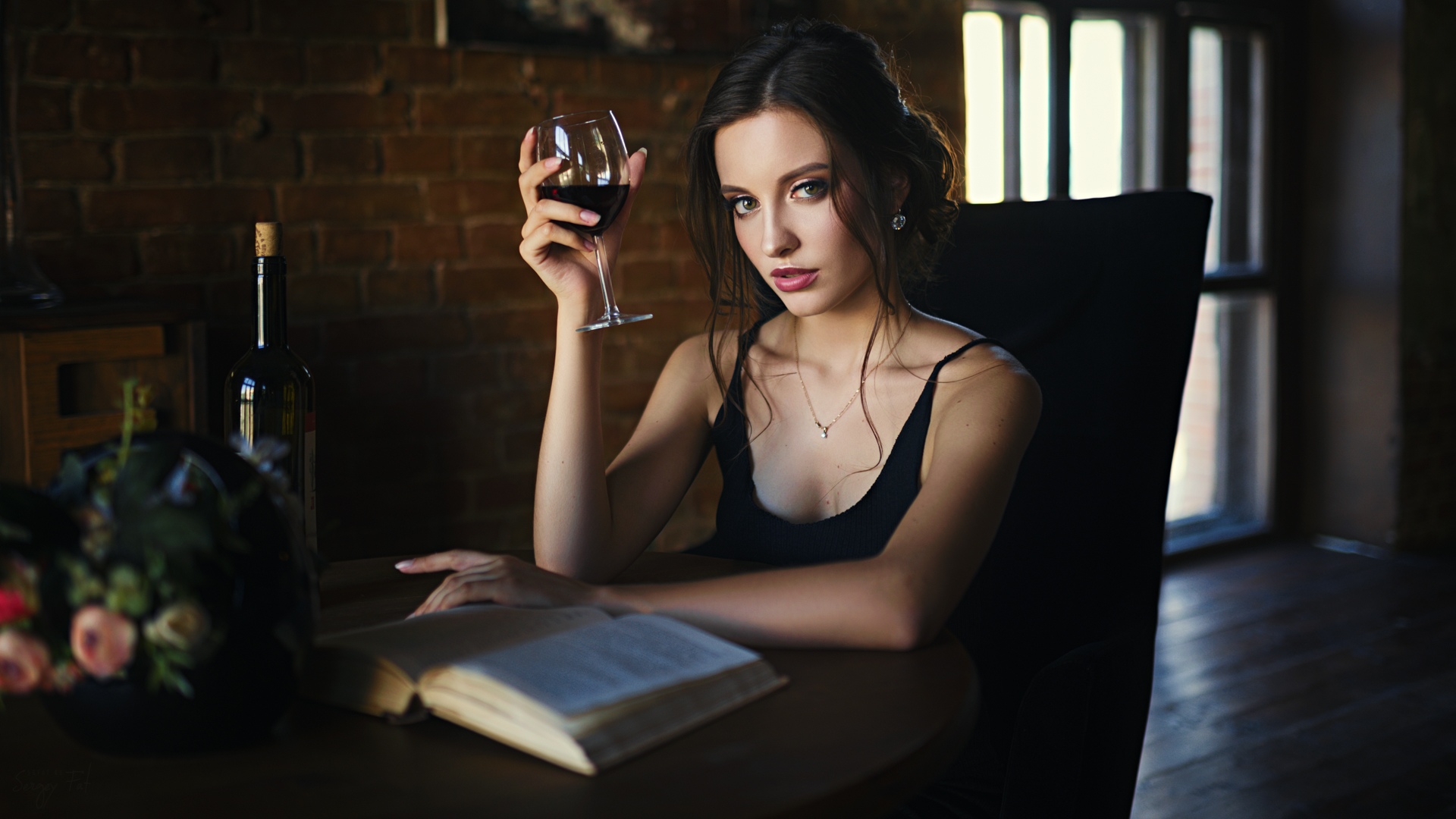 People 1920x1080 Sergey Zhirnov women model portrait looking at viewer tank top necklace wine books sitting women indoors brunette drinking glass depth of field Zlata Avdeeva table sitting on chair classy glamour girls glamour