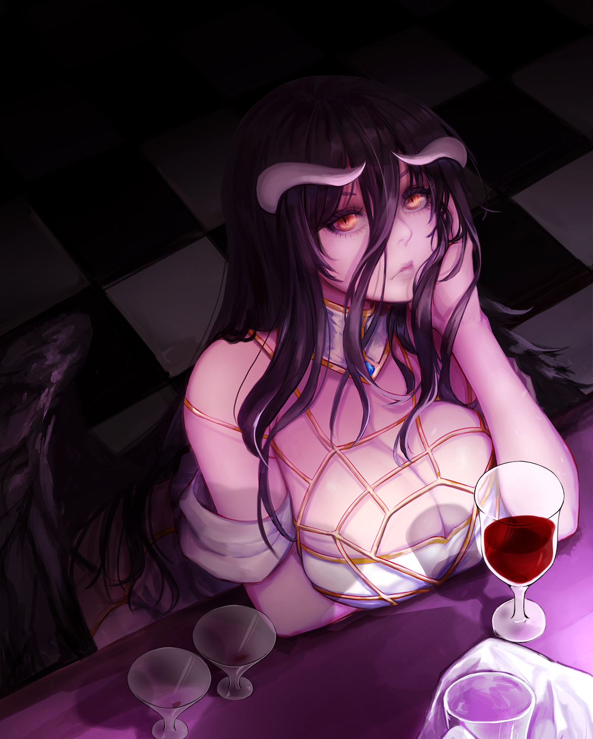 Anime 1200x1494 Overlord (anime) anime girls succubus big boobs demon girls cleavage monster girl horns black wings looking at viewer 2D ecchi white dress bare shoulders yellow eyes tile floor wine glass Albedo (OverLord) anime portrait display Kibellin fan art high angle holding boobs