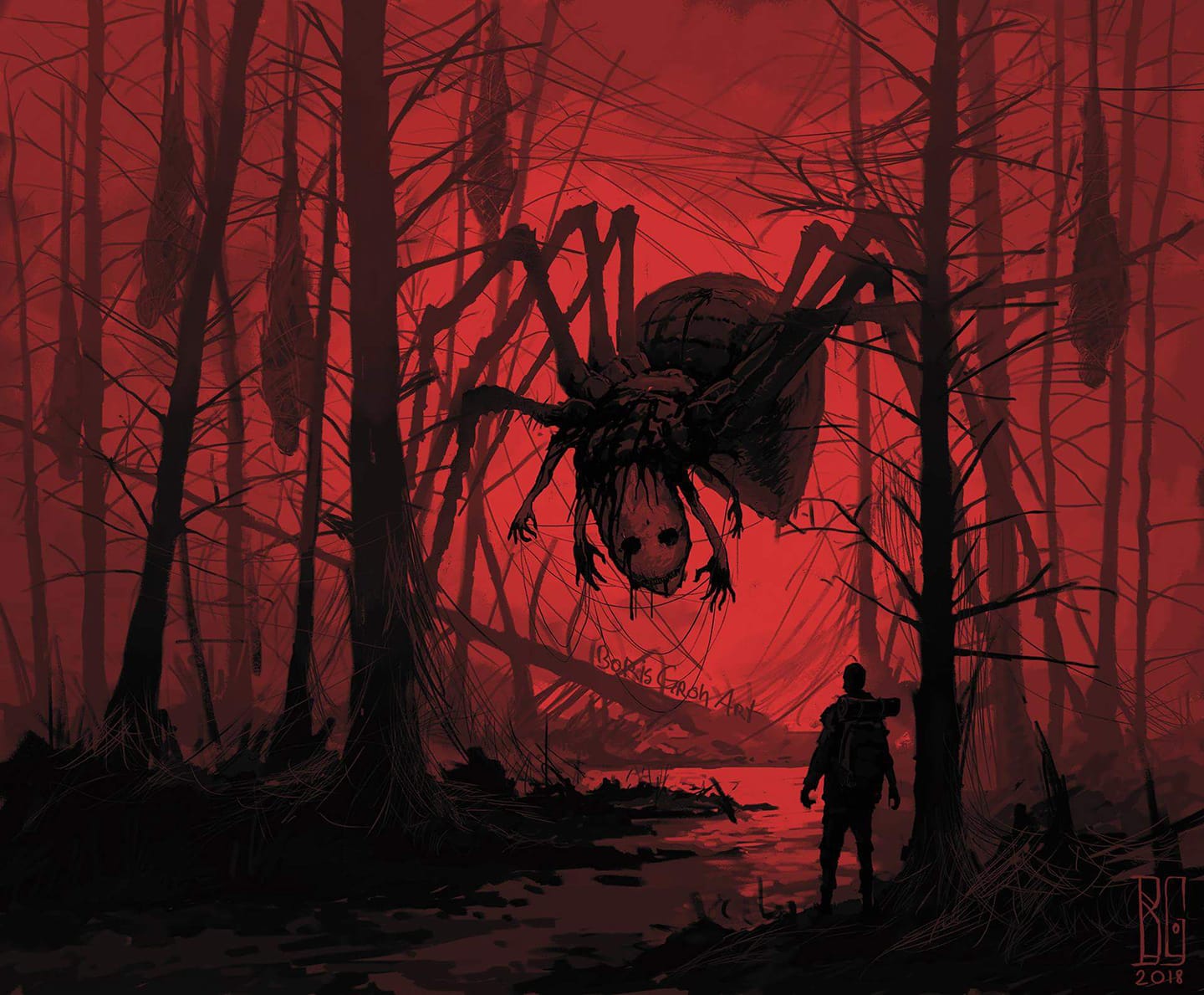 General 1440x1189 creepy spider horror forest dark Boris Groh red digital art creature