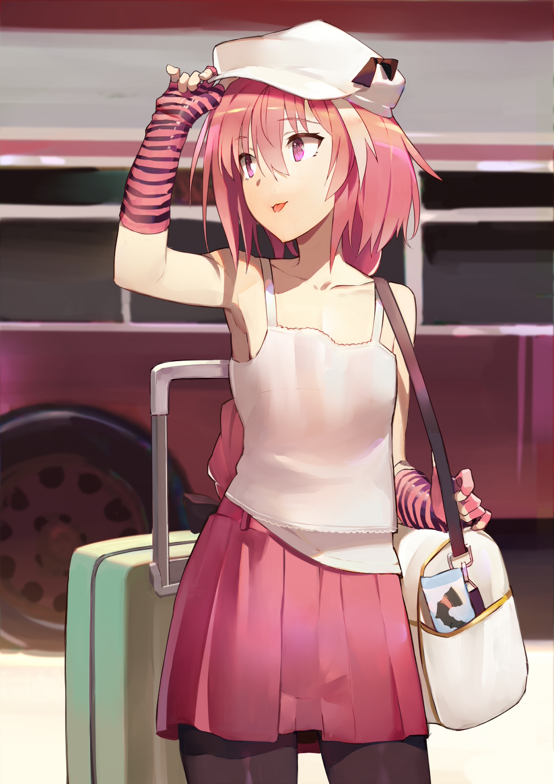 Anime 1131x1600 Fate series Fate/Apocrypha  anime boys Astolfo (Fate/Apocrypha) Fate/Grand Order 2D pantyhose thighs tongue out femboy armpits pink hair long hair pink eyes buses fan art vehicle anime Pixiv anime girls skirt hat